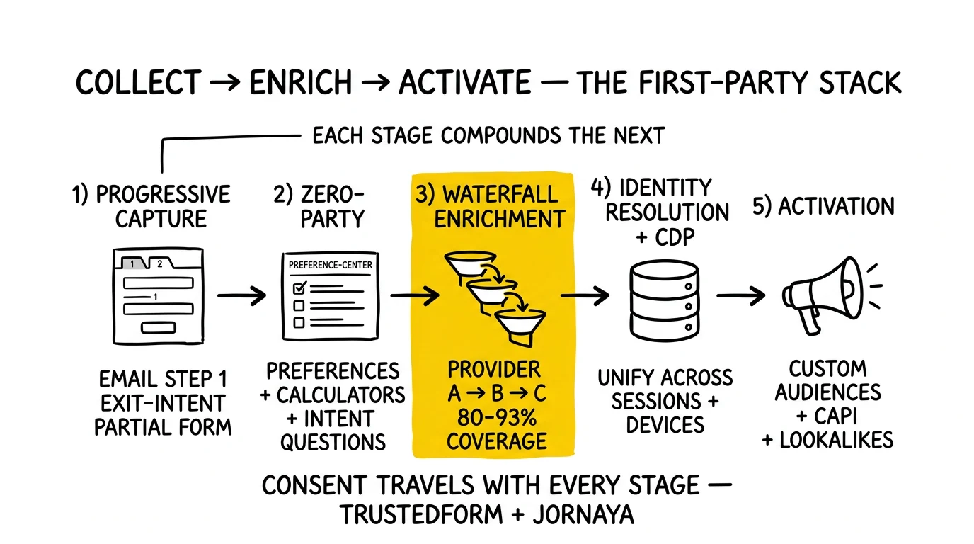 Five-stage first-party pipeline: capture, zero-party, waterfall enrichment, identity resolution, activation. Waterfall enrichment flagged as the coverage-breaker.