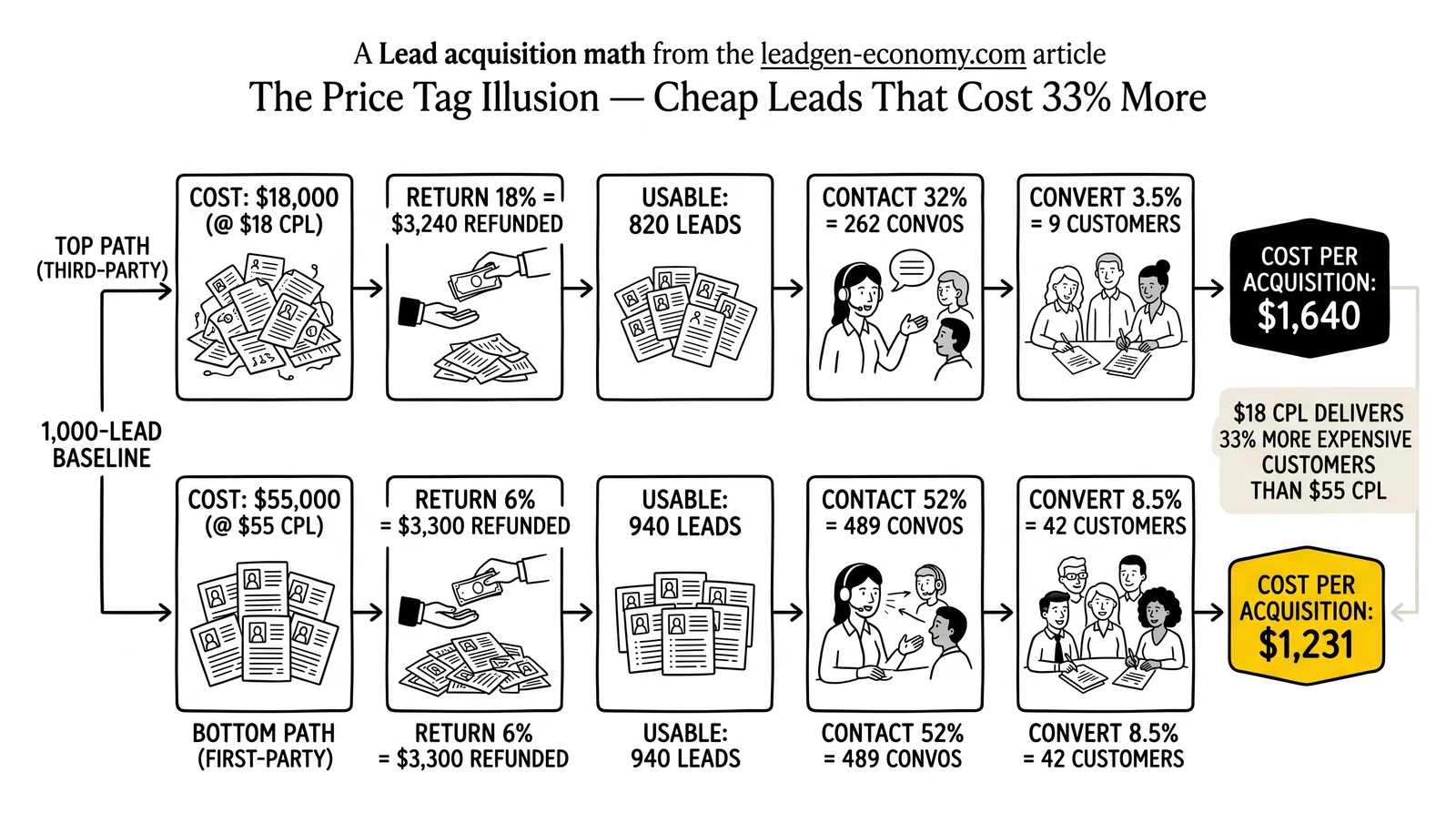 Two-path 1,000-lead funnel: third-party $18 CPL to $1,640 CPA vs first-party $55 CPL to $1,231 CPA. First-party CPA highlighted as 25% cheaper.