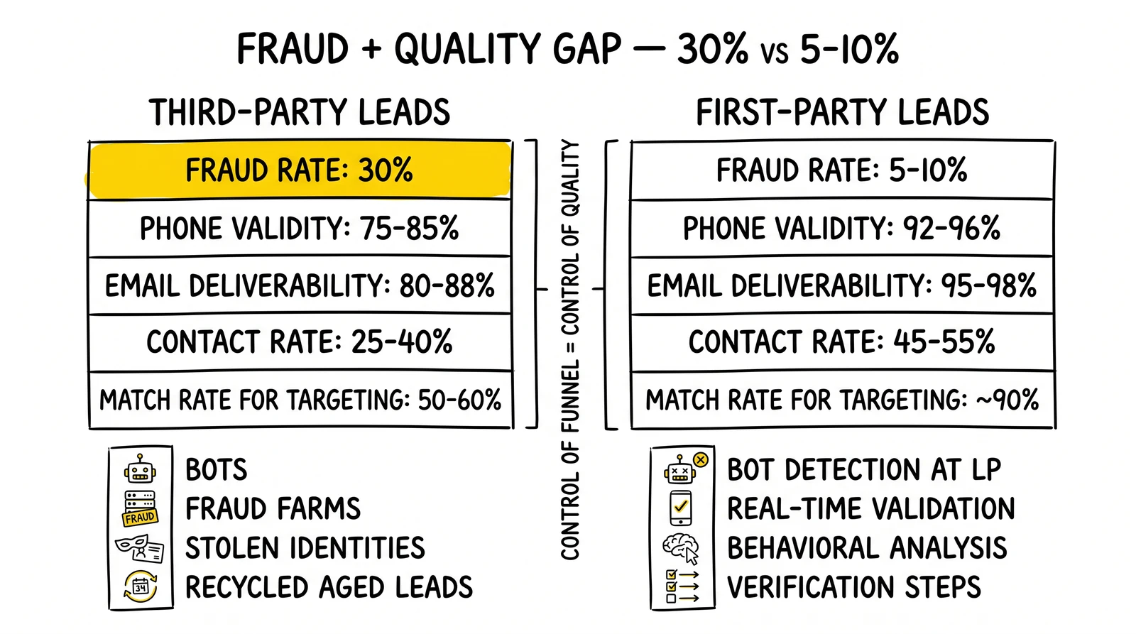 Two-panel quality comparison: third-party with 30% fraud + lower validity vs first-party with 5-10% fraud + 90%+ validity. Third-party 30% fraud highlighted.