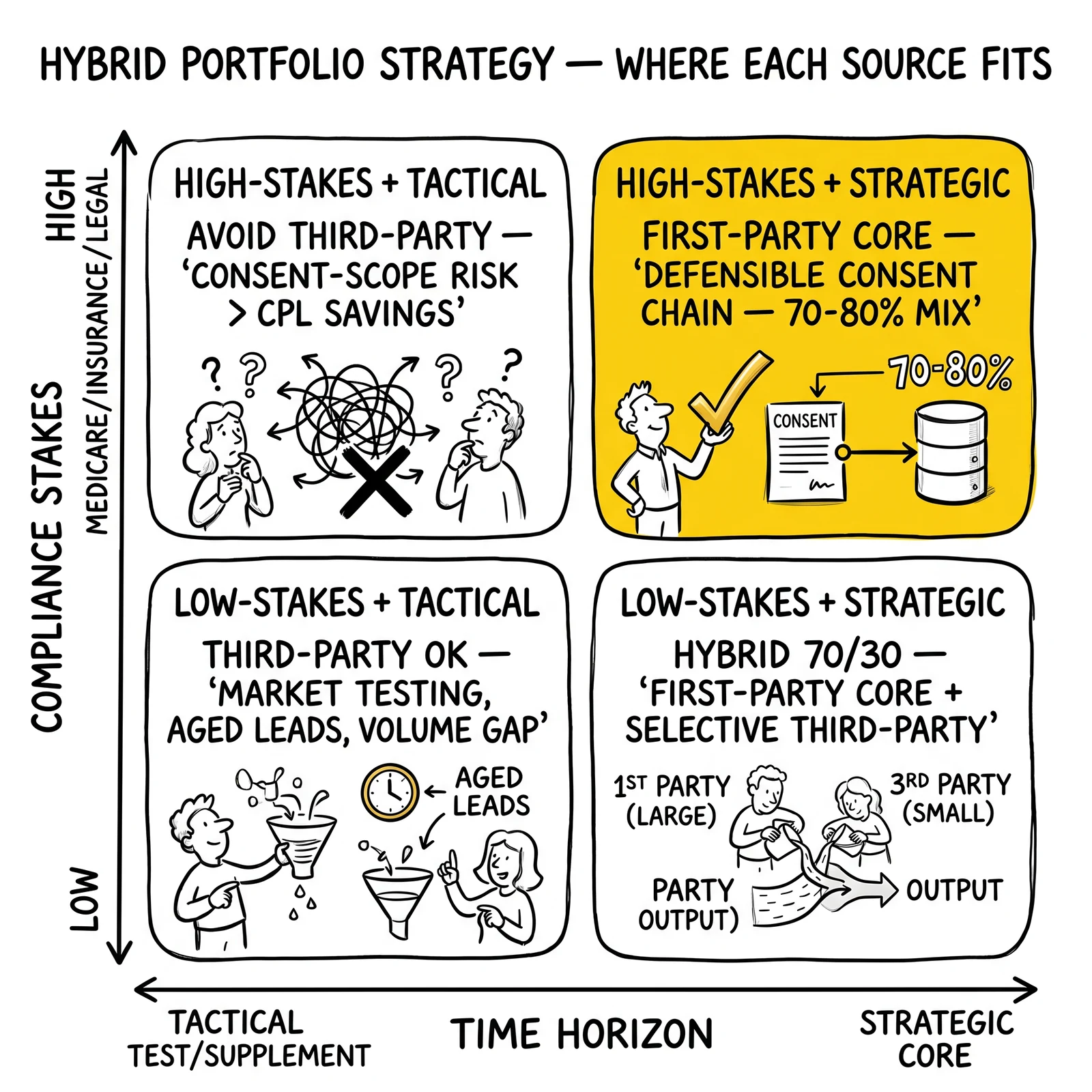 Two-by-two portfolio matrix by horizon and compliance stakes. High-stakes + strategic first-party-core quadrant highlighted as the only rational position.