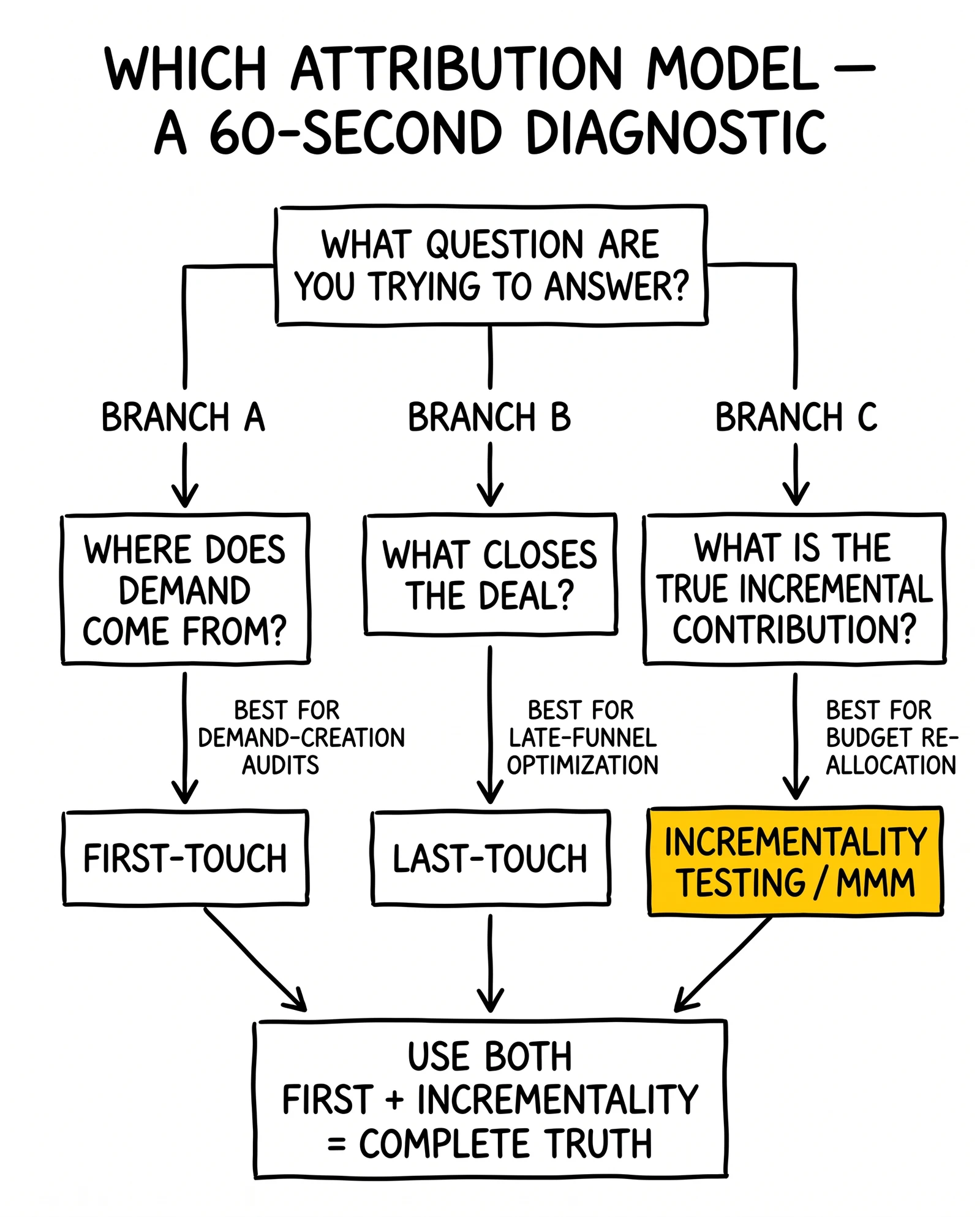 Decision tree routing attribution choice by question type to first-touch, last-touch, or incrementality; the incrementality branch highlighted as ground truth.