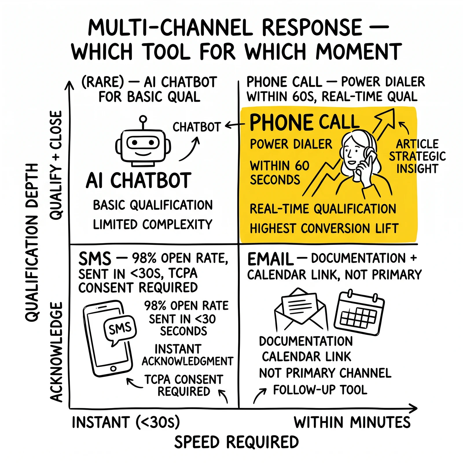 Two-by-two channel matrix by speed and qualification depth: SMS instant ack, phone qualify, email documentation, chatbot. Phone call quadrant highlighted as highest-value.