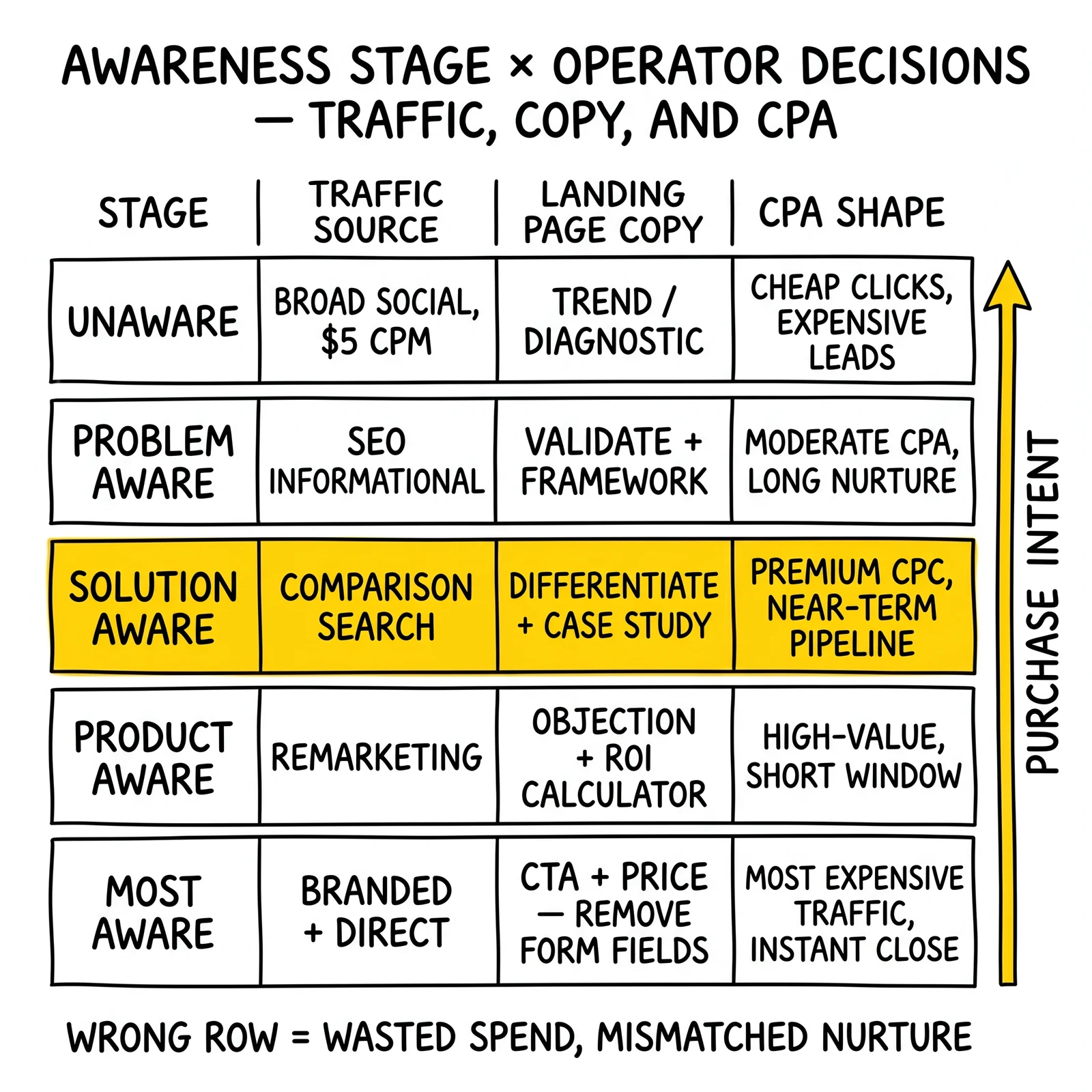 Awareness stage matrix mapping five stages to traffic source, landing page copy, and CPA shape, with Solution Aware row highlighted as operator sweet spot.