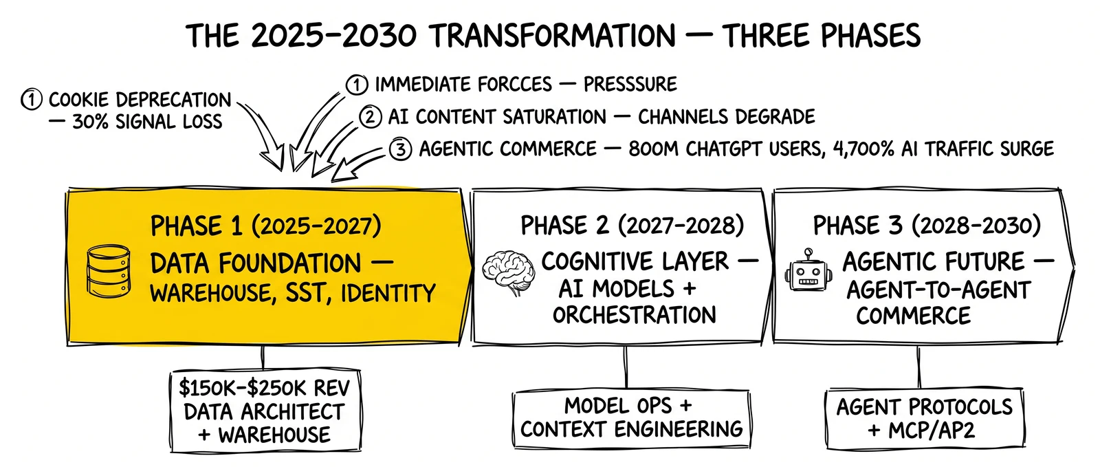 Five-year transformation timeline from 2025 to 2030 across three phases; the data-foundation phase 1 highlighted as the non-skippable groundwork.
