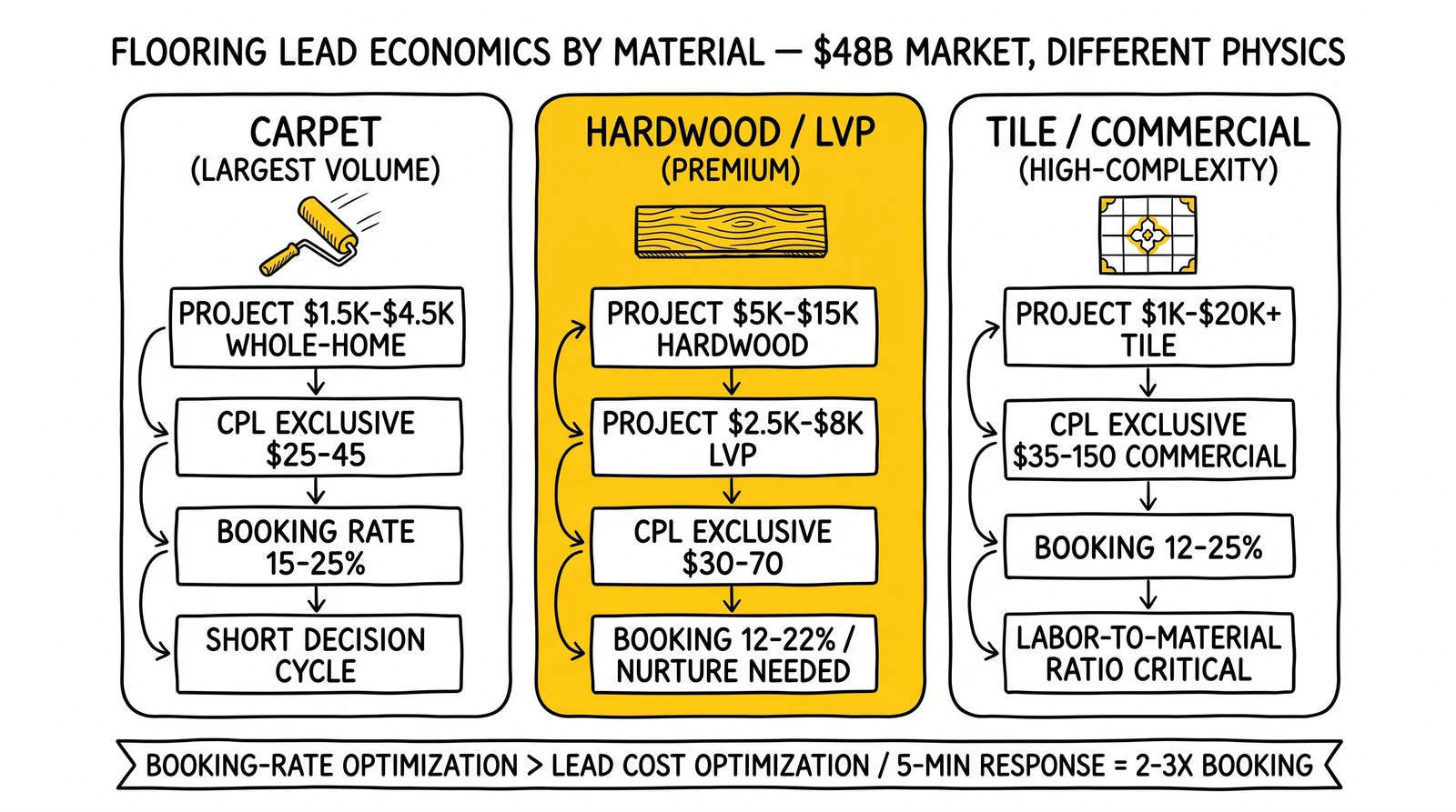 Three-panel flooring lead economics: carpet whole-home at $25-45 CPL, hardwood/LVP at $30-70, tile/commercial at $35-150 with project values and booking rates