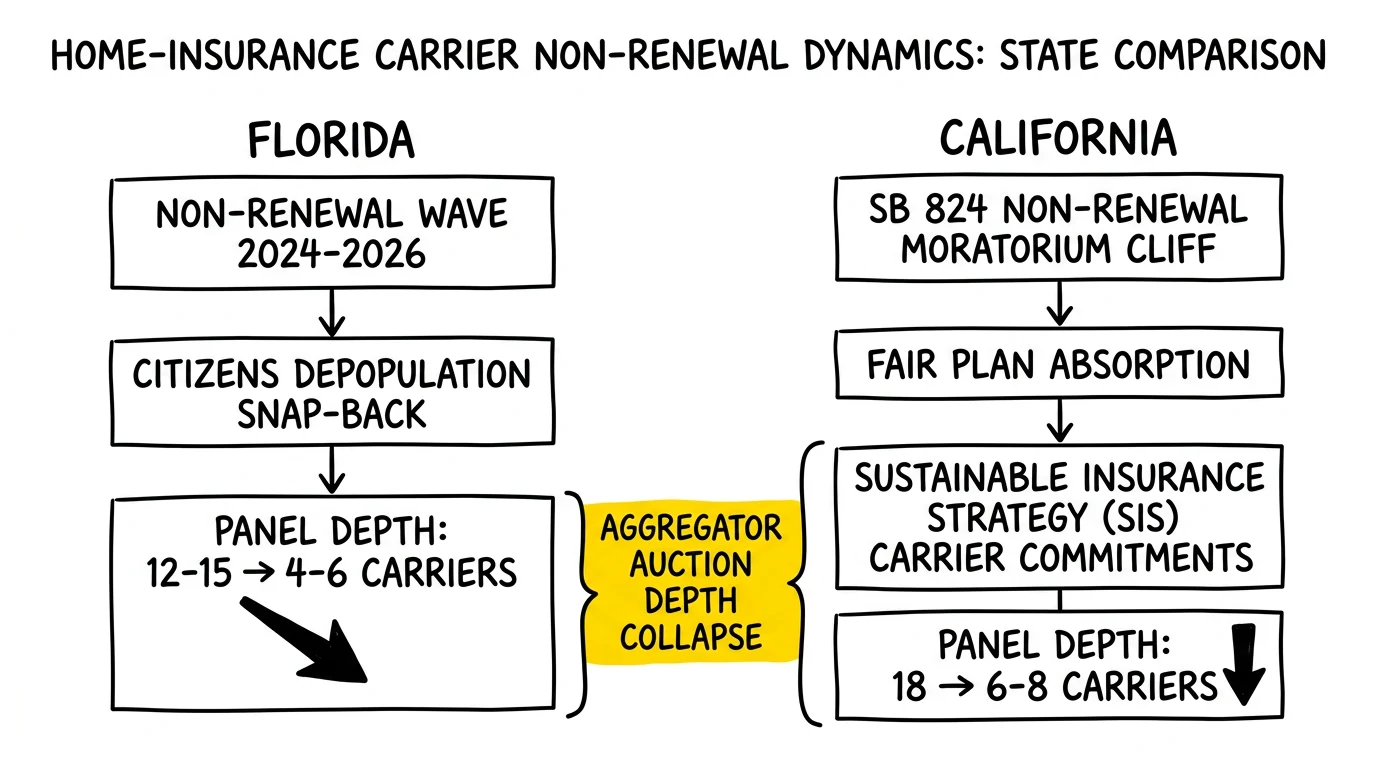 Florida vs California carrier non-renewal panel comparison: Citizens depopulation in FL vs SB 824 + FAIR Plan in CA, with aggregator auction-depth collapse highlighted.