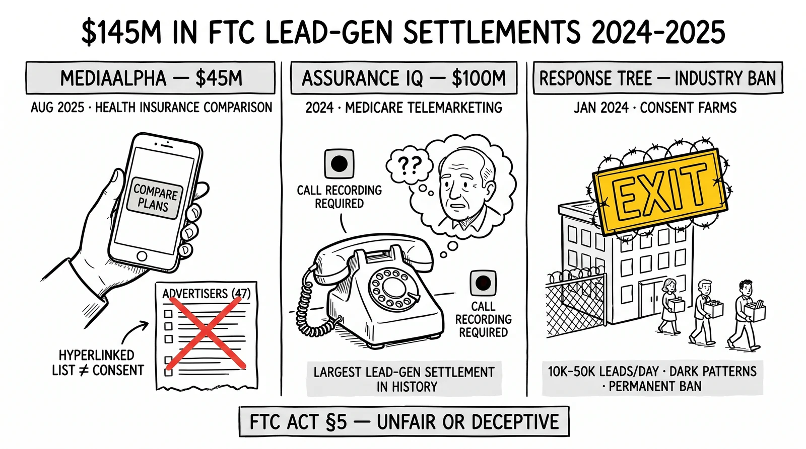 Three FTC lead-gen settlement panels: MediaAlpha $45M, Assurance IQ $100M, Response Tree industry ban. The permanent industry ban is highlighted as the new escalation.