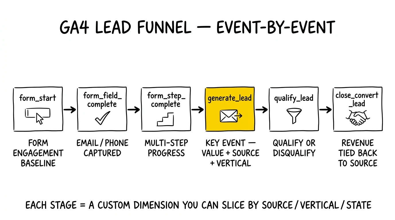 Six-event GA4 lead funnel from form_start through close_convert_lead. generate_lead highlighted as the primary conversion event.