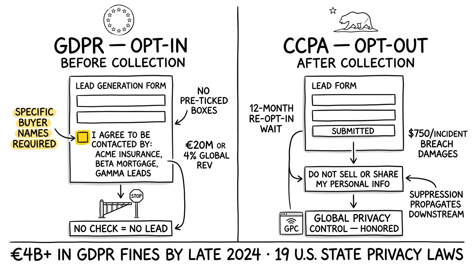 GDPR opt-in vs CCPA opt-out side-by-side: unchecked box with named buyers vs Do Not Sell link plus GPC. Per-buyer naming on GDPR side highlighted.