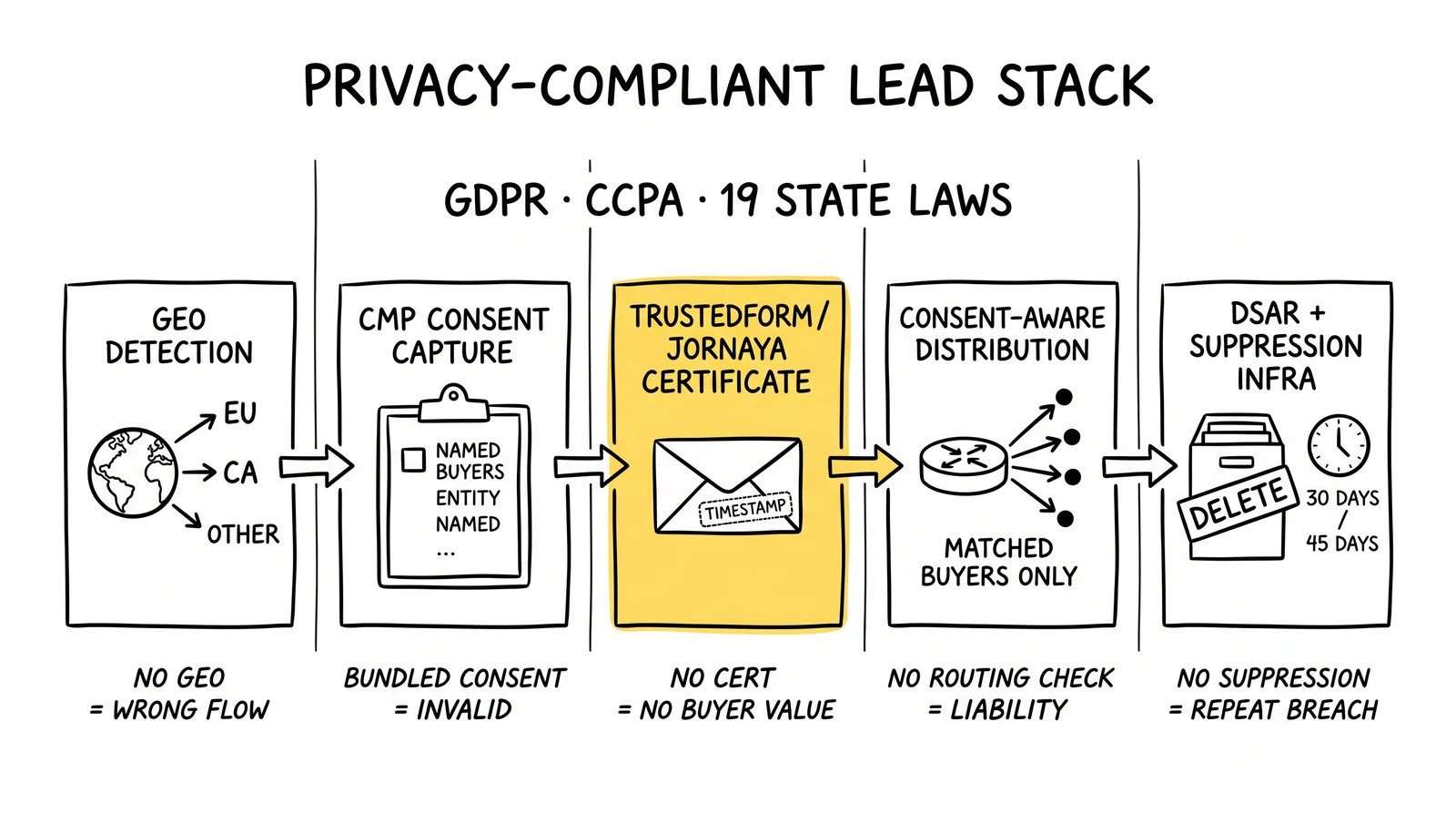 Five-stage privacy-compliant lead pipeline: geo detection, CMP capture, third-party certificate, consent-aware distribution, suppression. The certificate stage is highlighted.