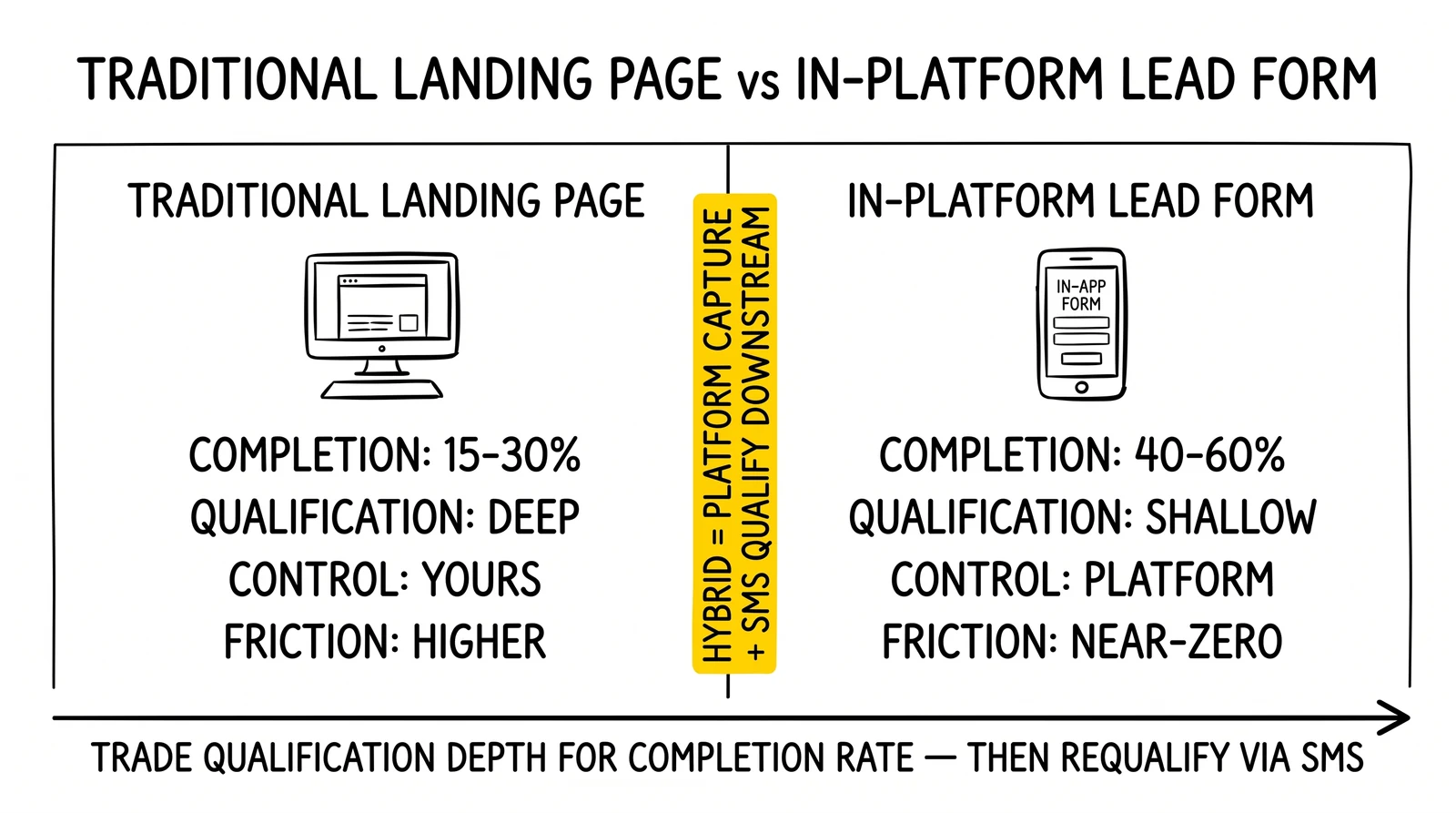 Two-panel form comparison: landing page 15-30% deep qualification vs in-platform 40-60% shallow. Hybrid platform-plus-SMS-qualification model highlighted.