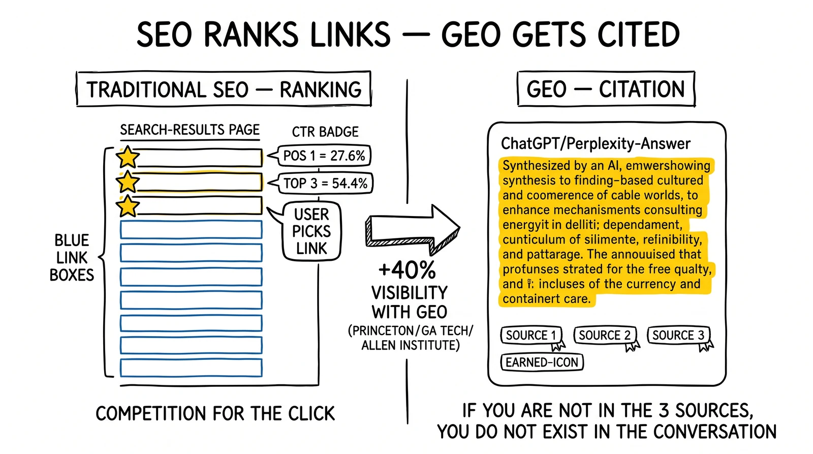 Comparison of SEO link-ranking model versus GEO citation model. AI synthesis paragraph flagged as the new visibility currency.