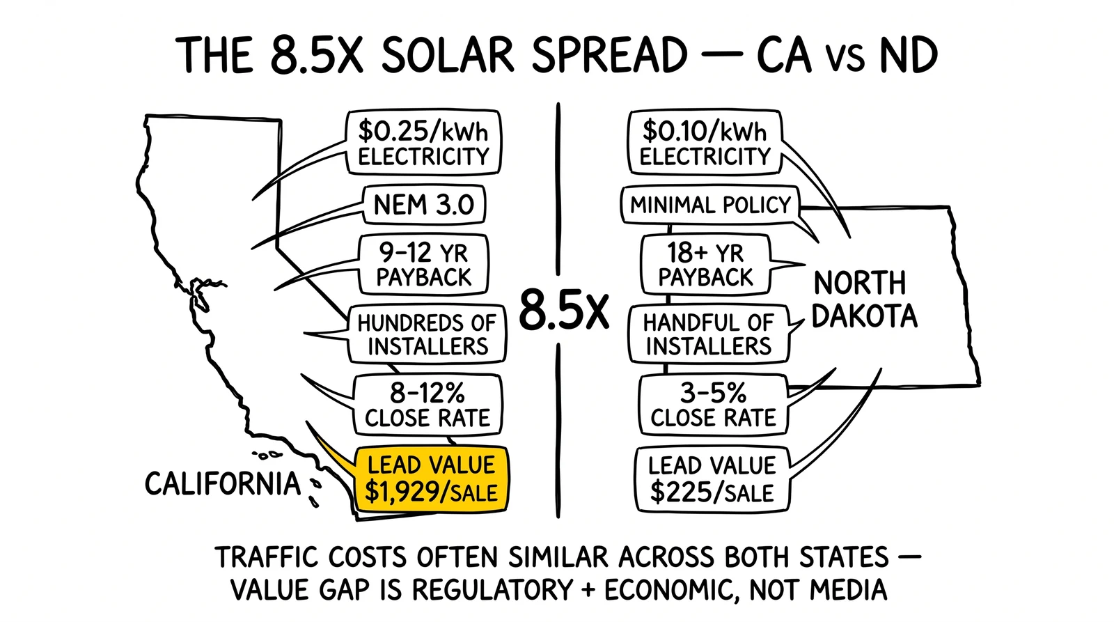 Two-state comparison of California and North Dakota solar economics with an 8.5x value spread; the California lead-value anchor highlighted as structural.