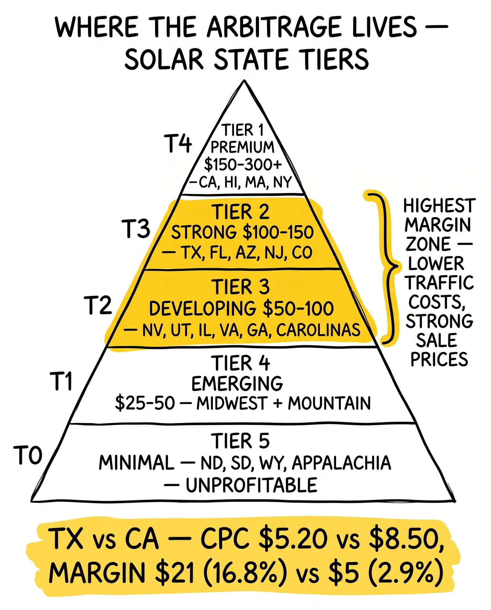 Five-tier solar market pyramid from premium to minimal; tiers 2 and 3 highlighted as the highest-margin arbitrage zone.
