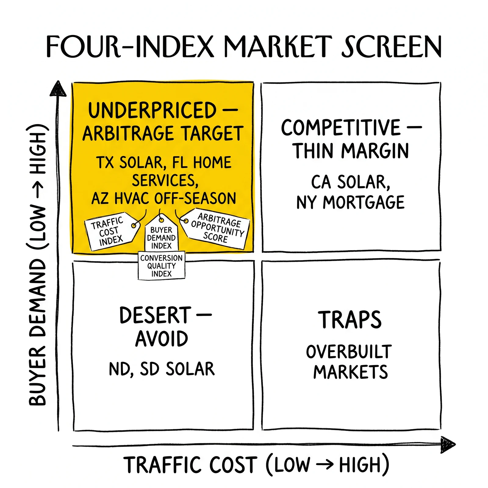 Two-by-two market screen by traffic cost and buyer demand with the underpriced top-left arbitrage quadrant highlighted; four screening indices labeled inside.