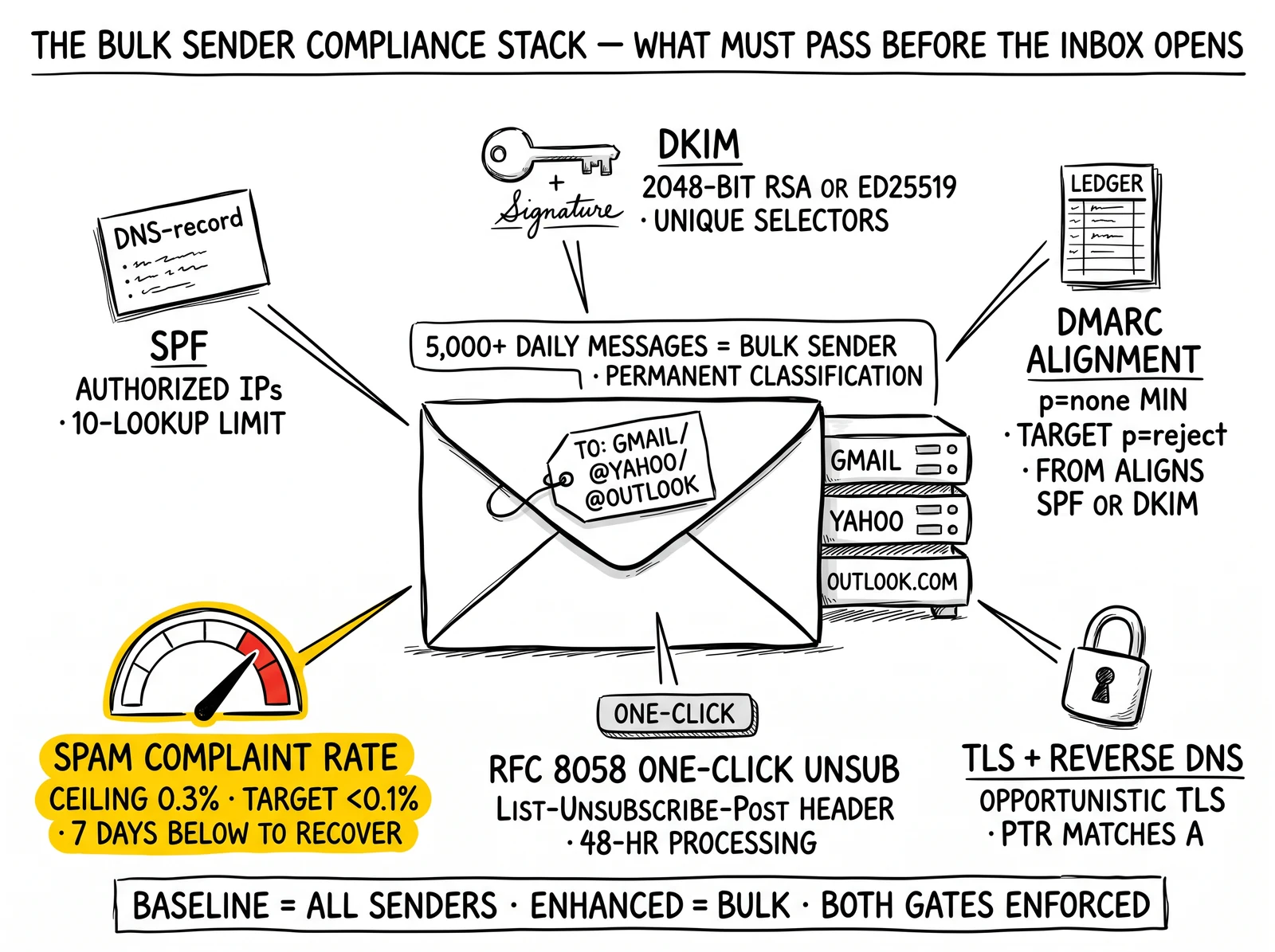Anatomy of bulk-sender compliance: SPF, DKIM, DMARC alignment, TLS, RFC 8058, and the spam complaint rate gauge highlighted as the load-bearing metric.