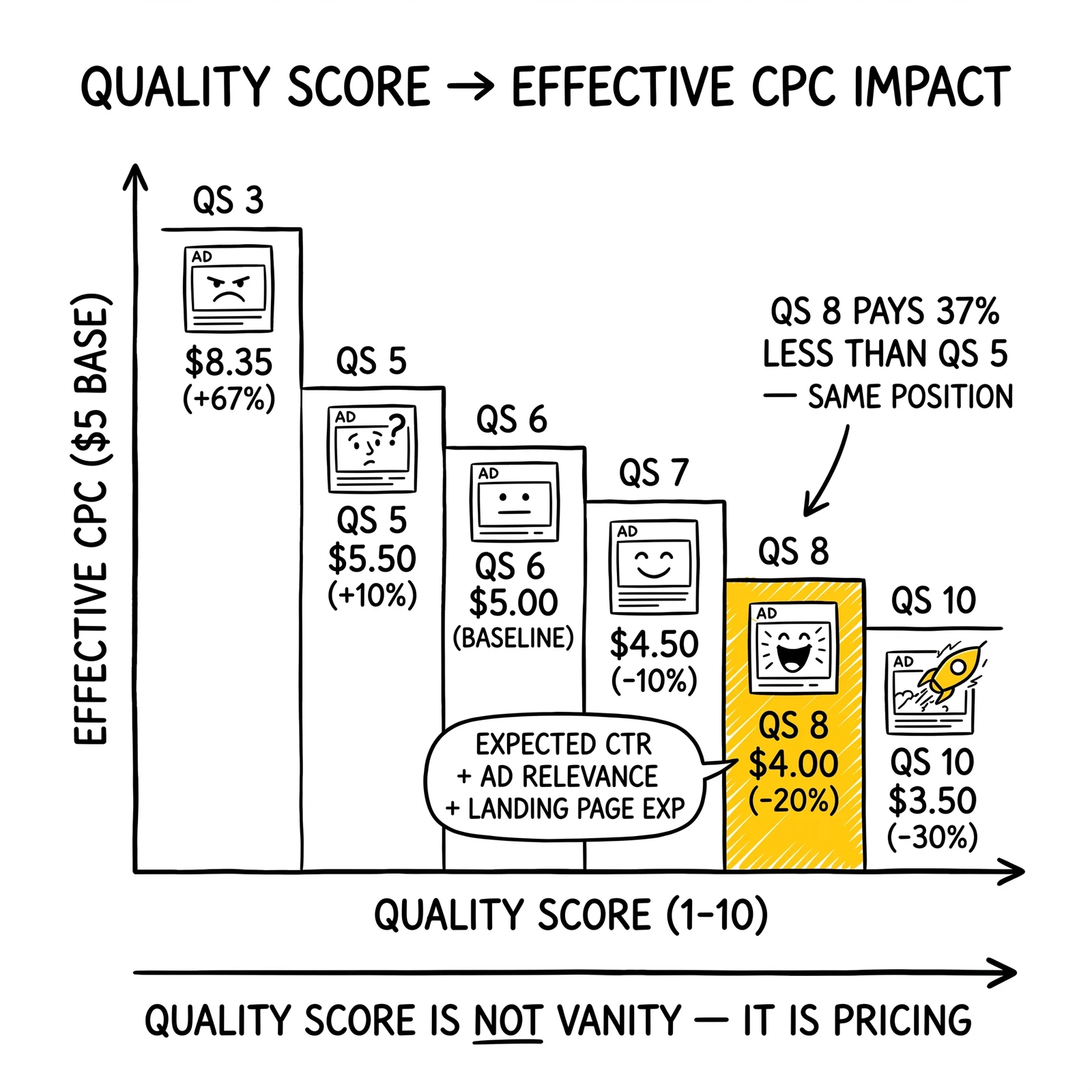 Quality Score to effective CPC matrix: QS 3 at $8.35 down to QS 10 at $3.50. QS 8 at $4.00 highlighted as the highest-leverage target.