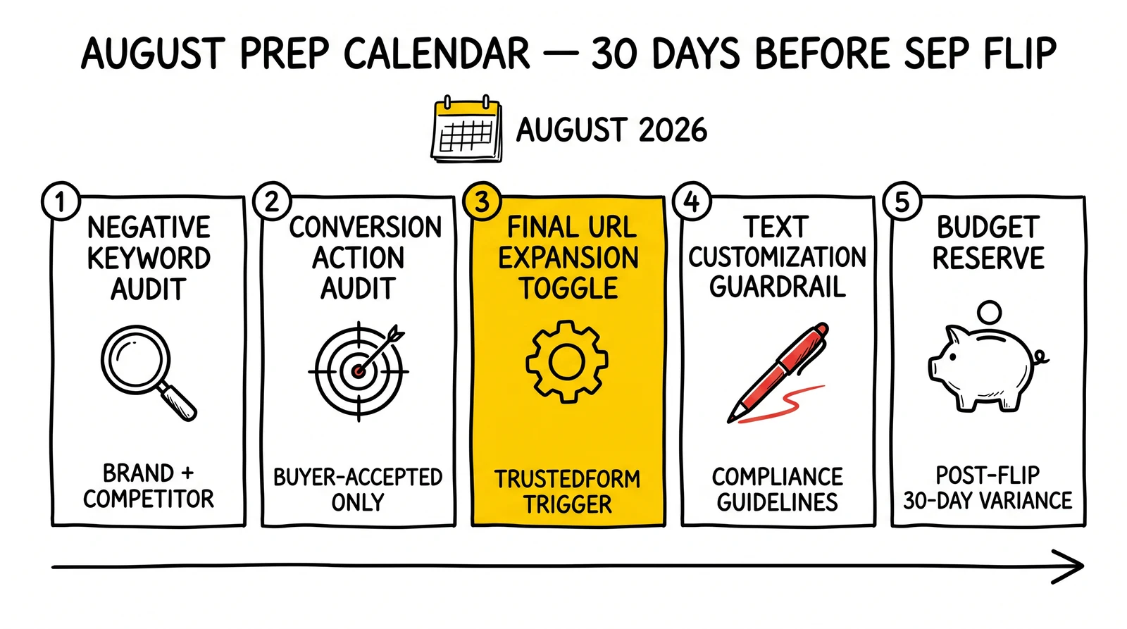 Five-step August prep calendar: negative keyword audit, conversion action audit, final URL expansion toggle, text customization guardrail, budget reserve for variance.