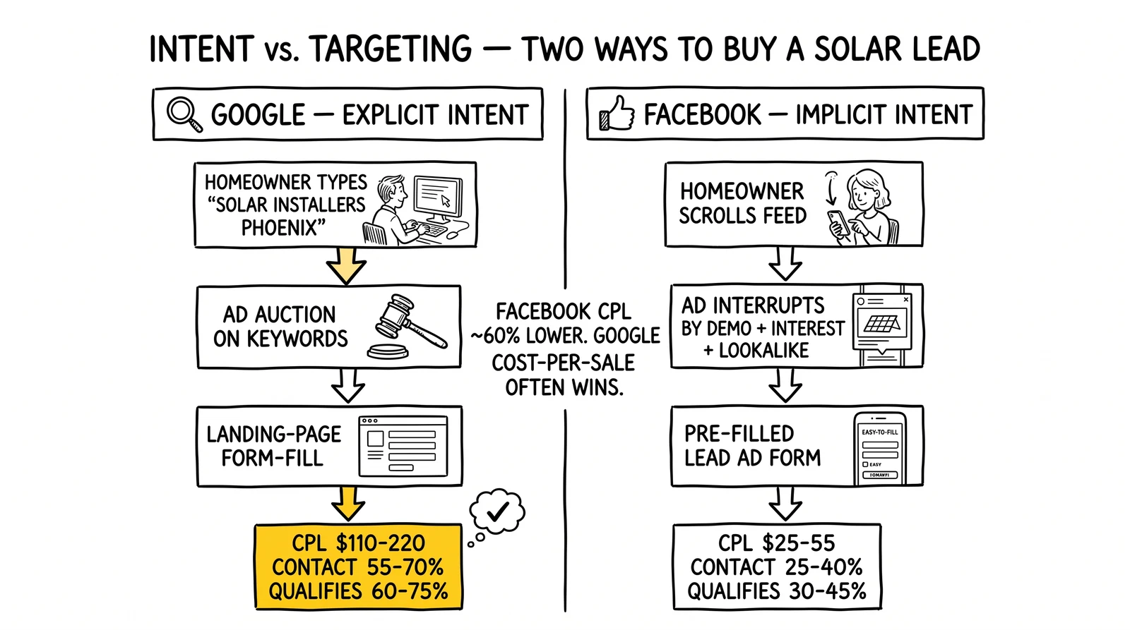 Two-panel comparison: Google explicit-intent solar lead path versus Facebook implicit-intent path, with CPL, contact rate, and qualification rate side by side