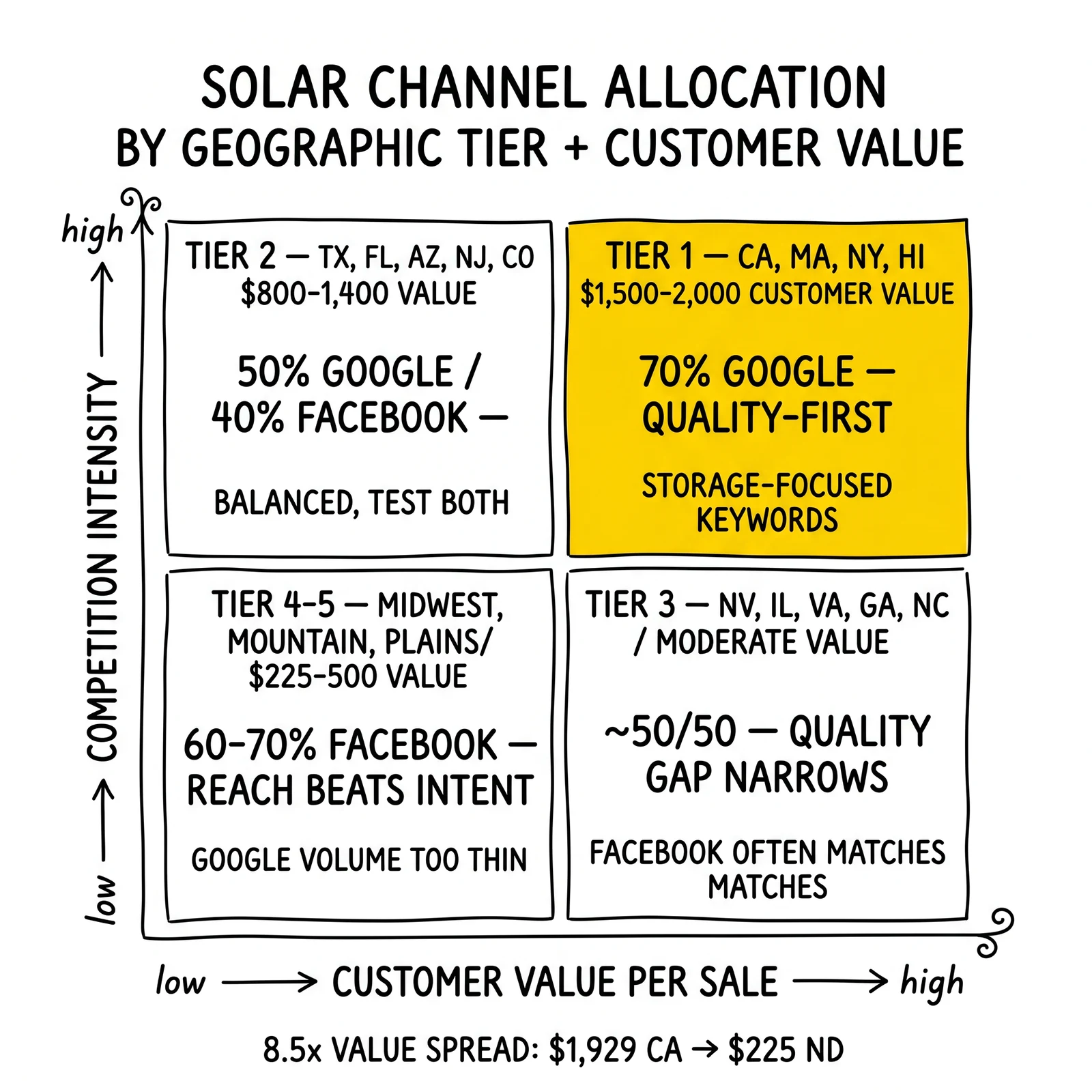 Two-by-two matrix of Google versus Facebook solar budget allocation by geographic tier and customer value, from Tier 1 premium markets to Tier 4-5 emerging markets