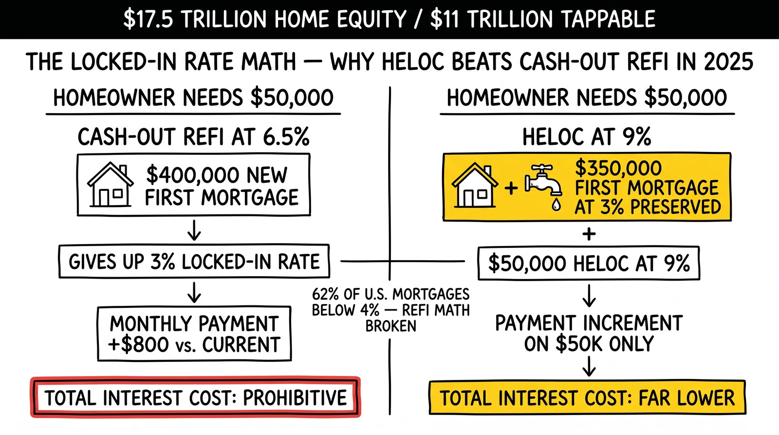 Two-panel comparison: cash-out refinance at 6.5% versus HELOC at 9% with first mortgage preserved at 3%, showing why second liens dominate in 2025