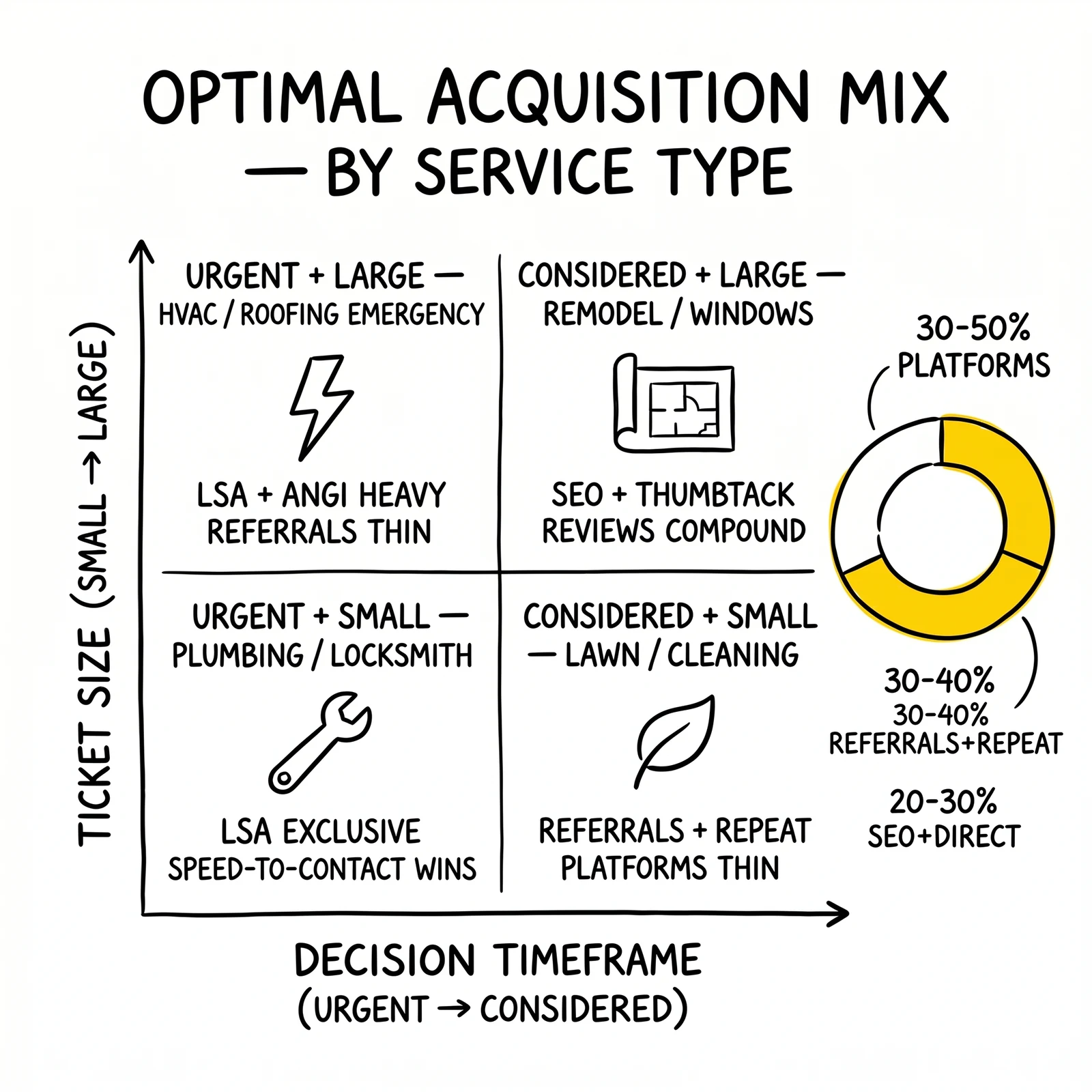 Two-by-two acquisition matrix by urgency and ticket size, surrounded by a 30-50/30-40/20-30 diversification ring. Referrals and repeat customer slice highlighted.