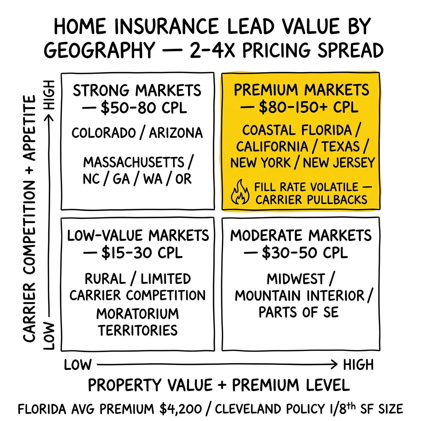 Two-by-two matrix of home insurance lead value by geography, plotting property value against carrier competition across Premium, Strong, Moderate, and Low-Value market tiers