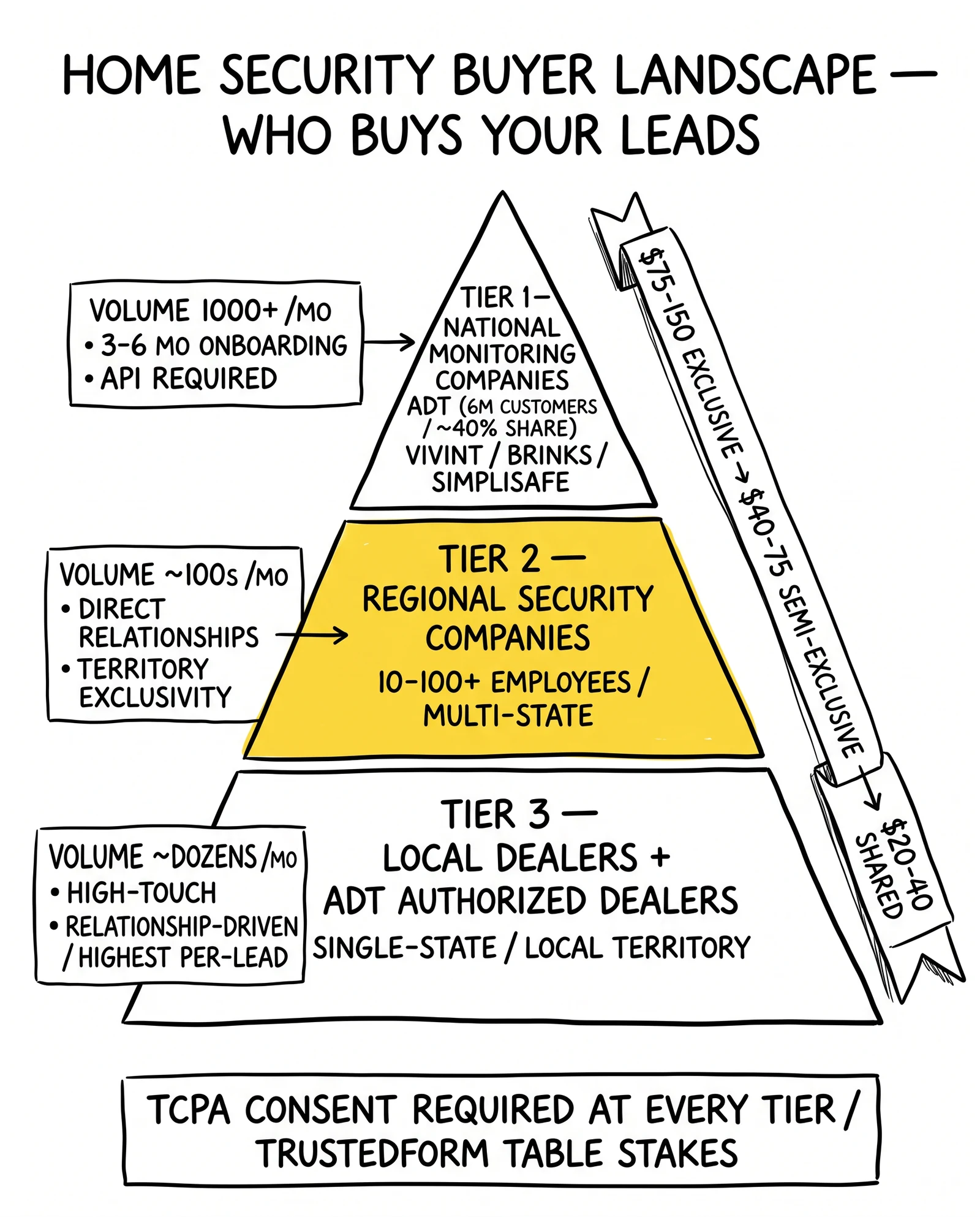 Three-tier home security buyer pyramid from Tier 1 national monitoring companies through Tier 2 regional firms to Tier 3 local dealers with CPL ranges