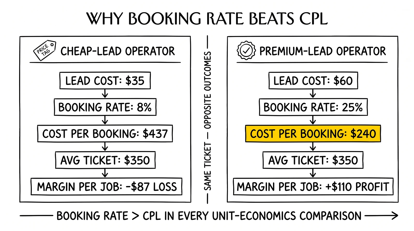 Two-operator comparison: $35 lead booking 8% costs $437 per booking; $60 lead booking 25% costs $240. Premium operator highlighted as the lower-CPA outcome.