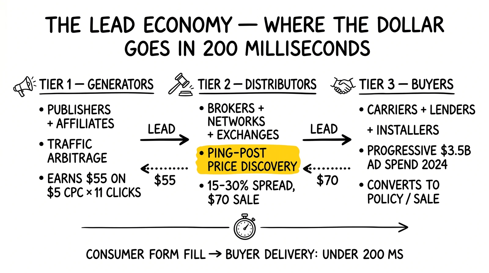 Three-tier lead economy flow: generators on left, distributors with ping-post auction in middle (yellow), buyers on right, with money flowing left at $55 → $70.