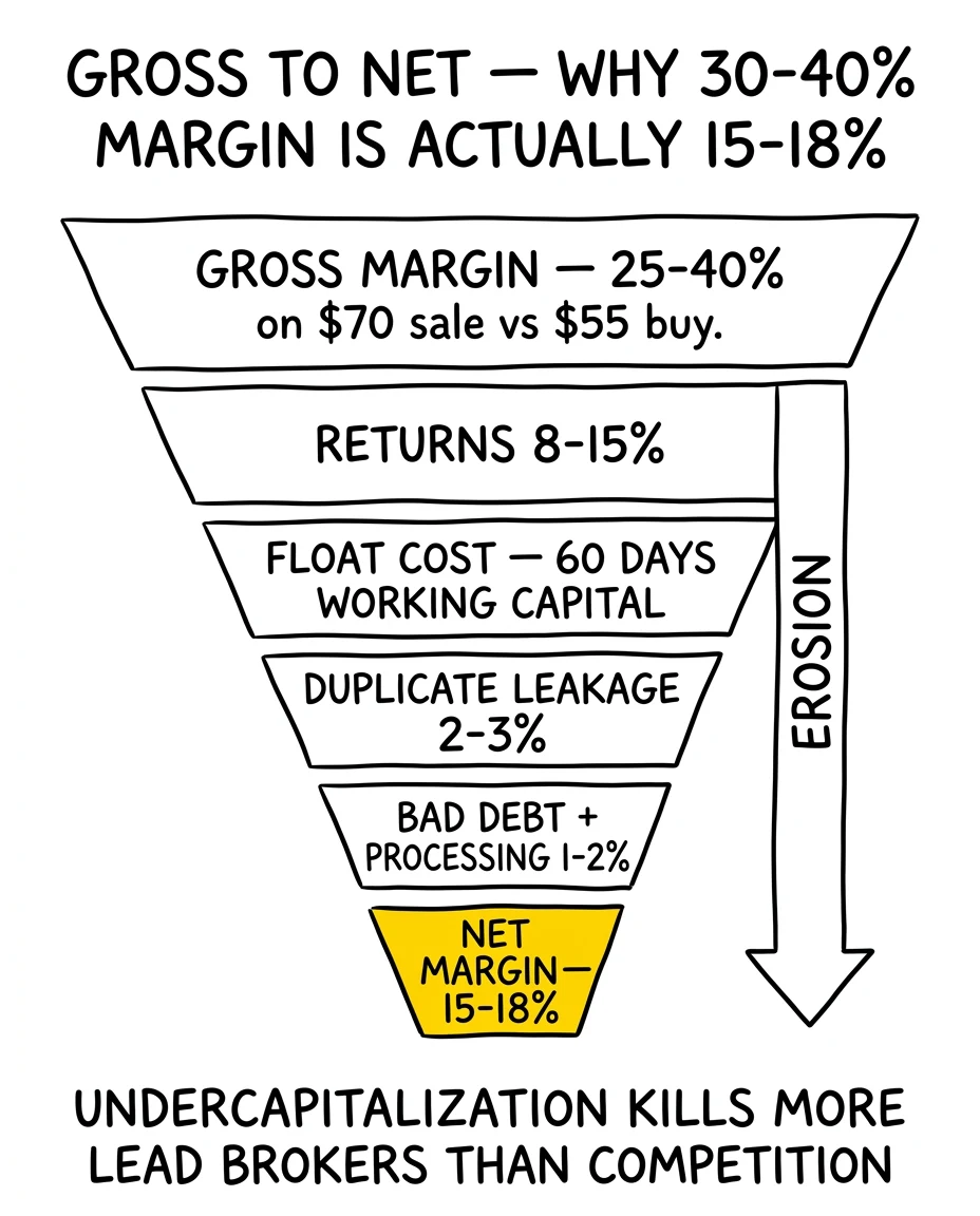 Margin erosion stack: gross 25-40% reduced through returns, float, duplicate leakage, and bad debt to net 15-18%, with the net margin bar highlighted as the survival number.