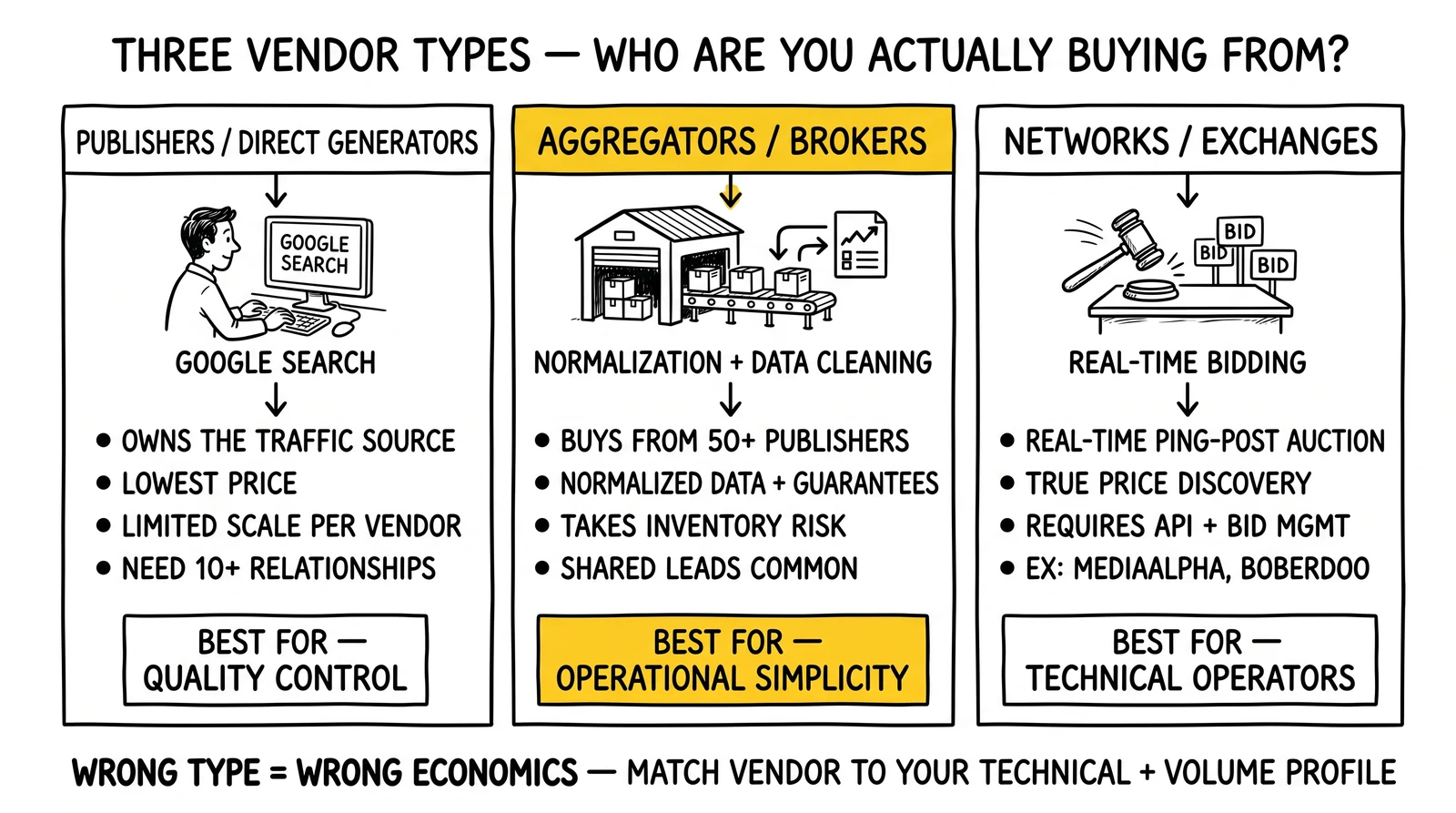 Three-panel vendor comparison: Publishers / Direct (lowest price), Aggregators / Brokers (operational simplicity, highlighted), Networks / Exchanges (real-time auction).