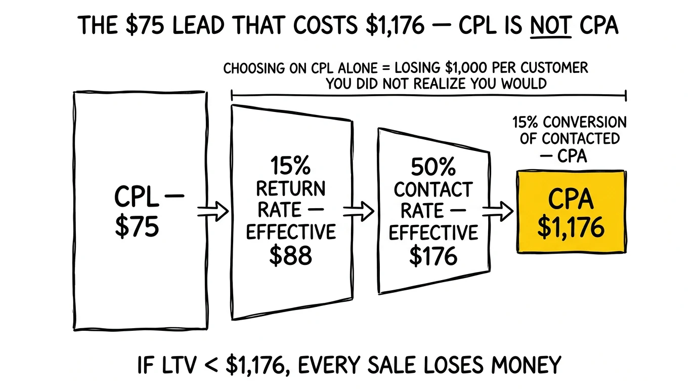 Four-stage funnel collapse from $75 CPL through returns, contact rate, and conversion to $1,176 CPA, with the CPA endpoint highlighted as the survival metric.