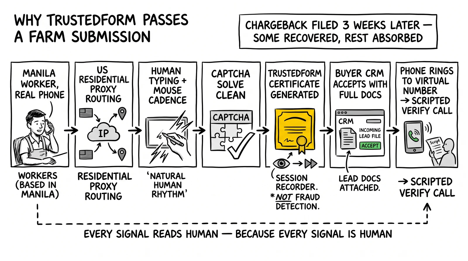 Seven-box path: Manila worker through proxy, typing, CAPTCHA, certificate, CRM acceptance to verification call. TrustedForm certificate generation step highlighted.