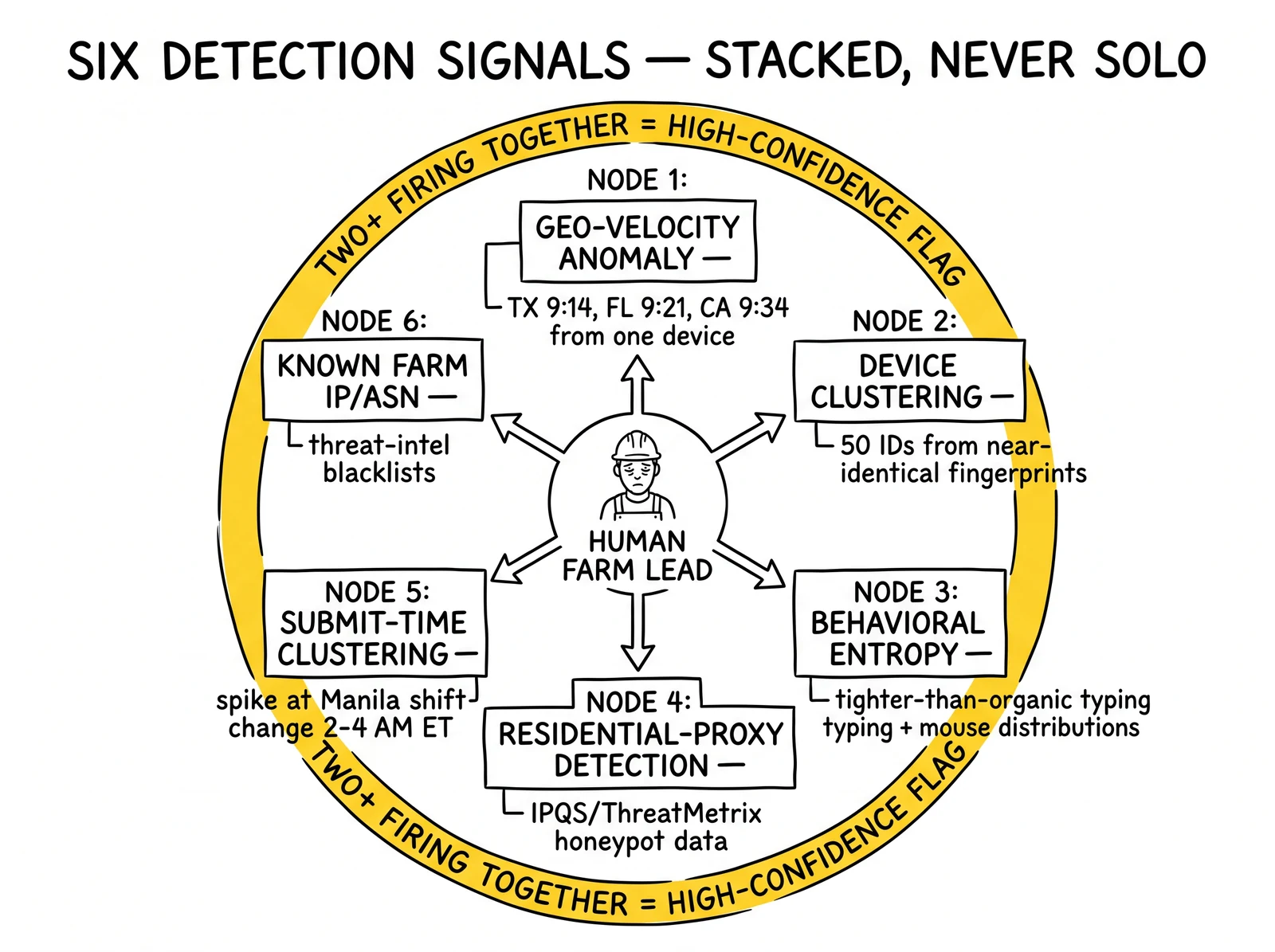 Six-signal hub around human farm lead: geo-velocity, device clustering, entropy, proxy, time clustering, known IPs. Two-plus-firing-together ring highlighted as the threshold.