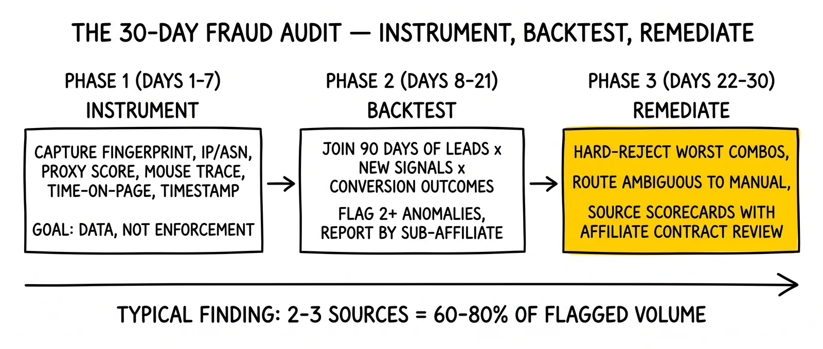 Three-phase 30-day timeline: instrument, backtest, remediate. Remediation phase highlighted as the affiliate-renegotiation leverage point that recovers margin.