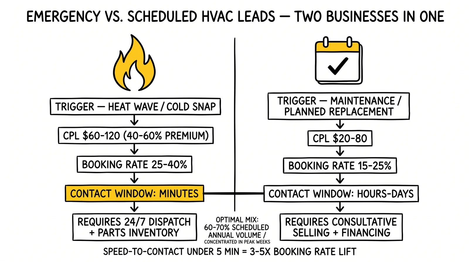 Two-panel emergency-versus-scheduled HVAC lead comparison covering CPL, booking rate, contact window, and required contractor capabilities