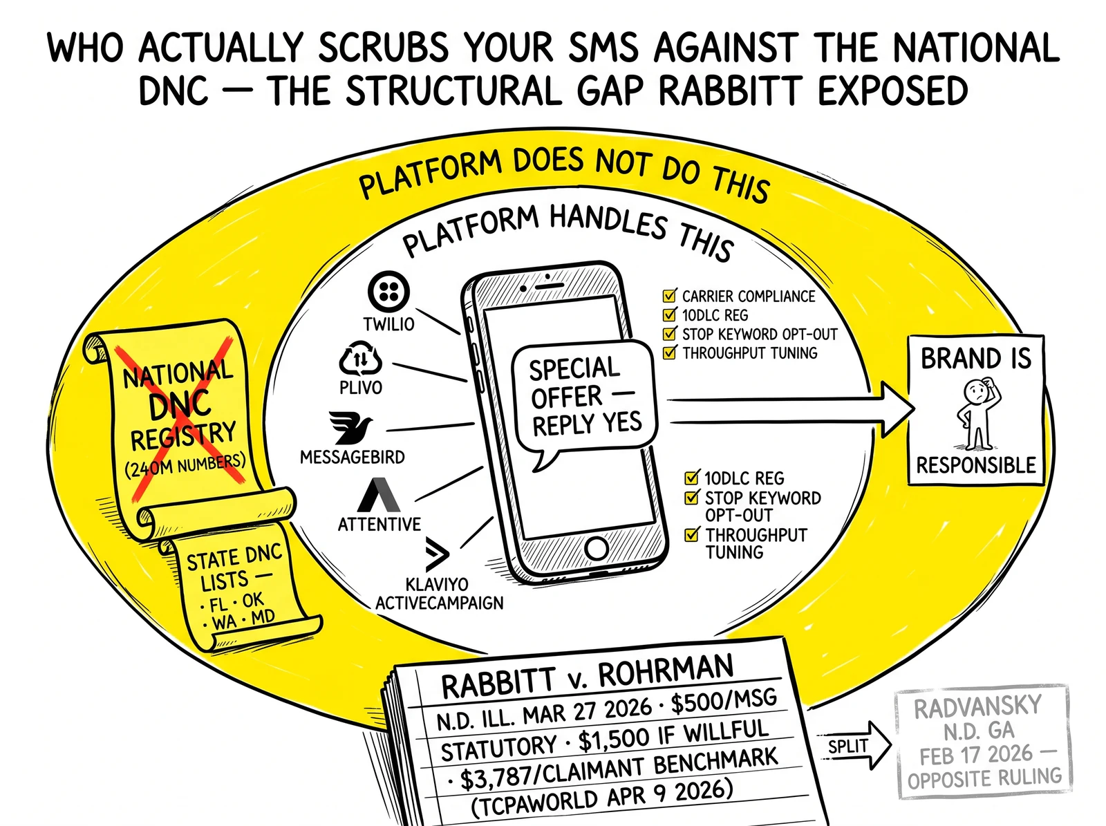 Anatomy of SMS compliance: six platforms handle carriers and opt-outs; the outer ring of National DNC and state DNC scrubbing is highlighted as the structural gap brands own.