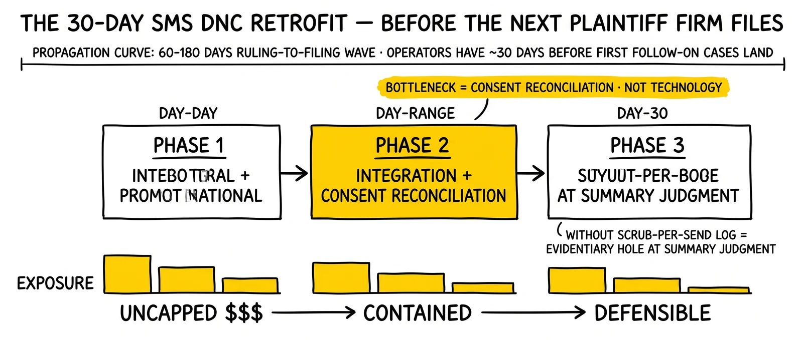 Three-phase 30-day SMS DNC retrofit from vendor contracting to deployment, with consent reconciliation highlighted as the load-bearing bottleneck most operators underestimate.