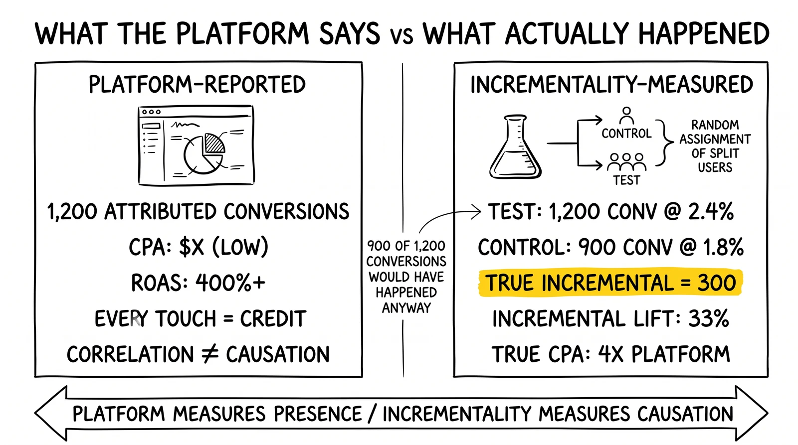 Two-panel comparison: platform dashboards report 1,200 conversions; incrementality test reveals 300 are truly incremental. True incremental count highlighted as the 4x CPA gap.