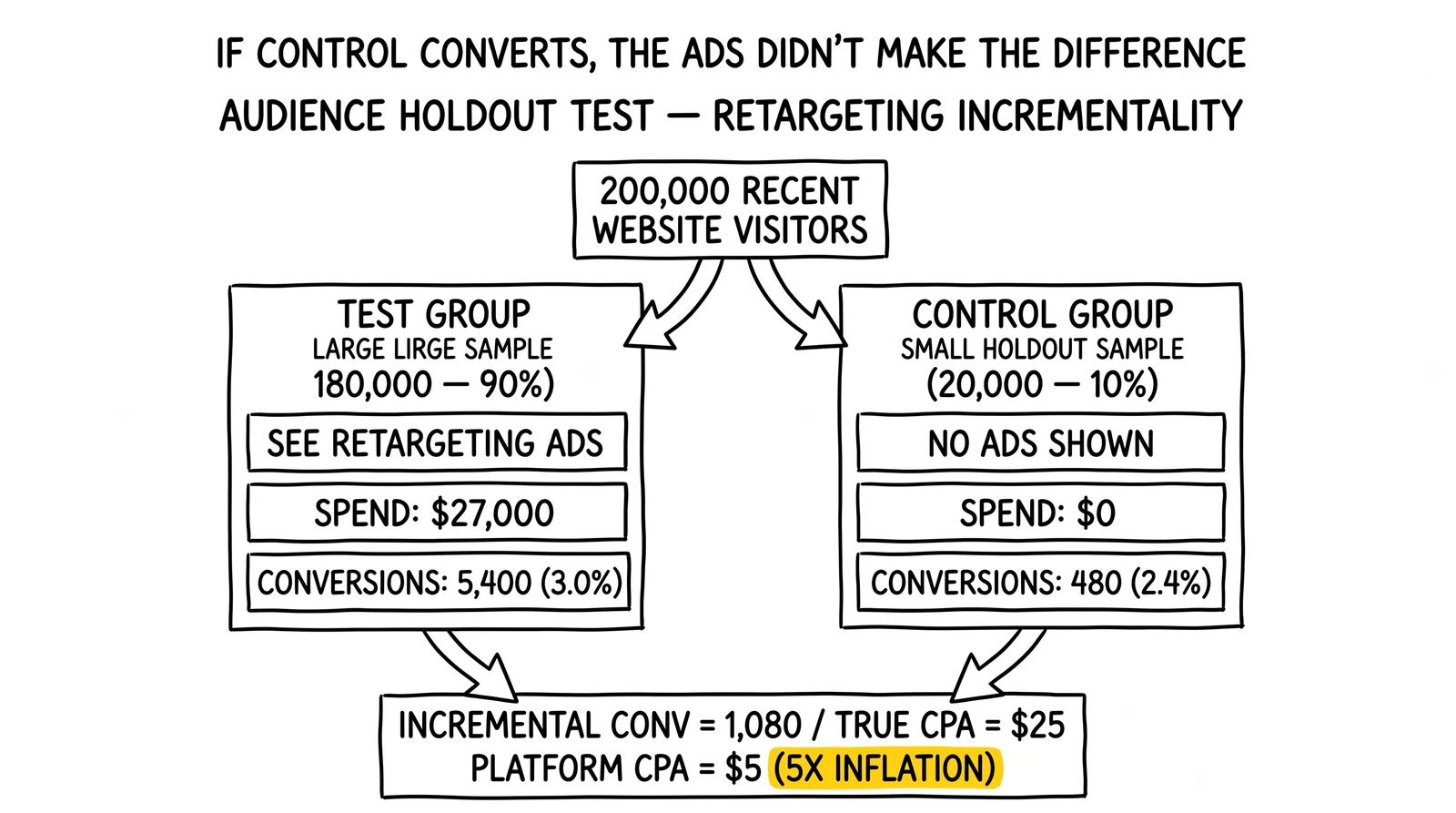 Holdout test diagram: 200,000 visitors split 90/10 test/control, yielding 1,080 incremental conversions and a 5x platform inflation factor.