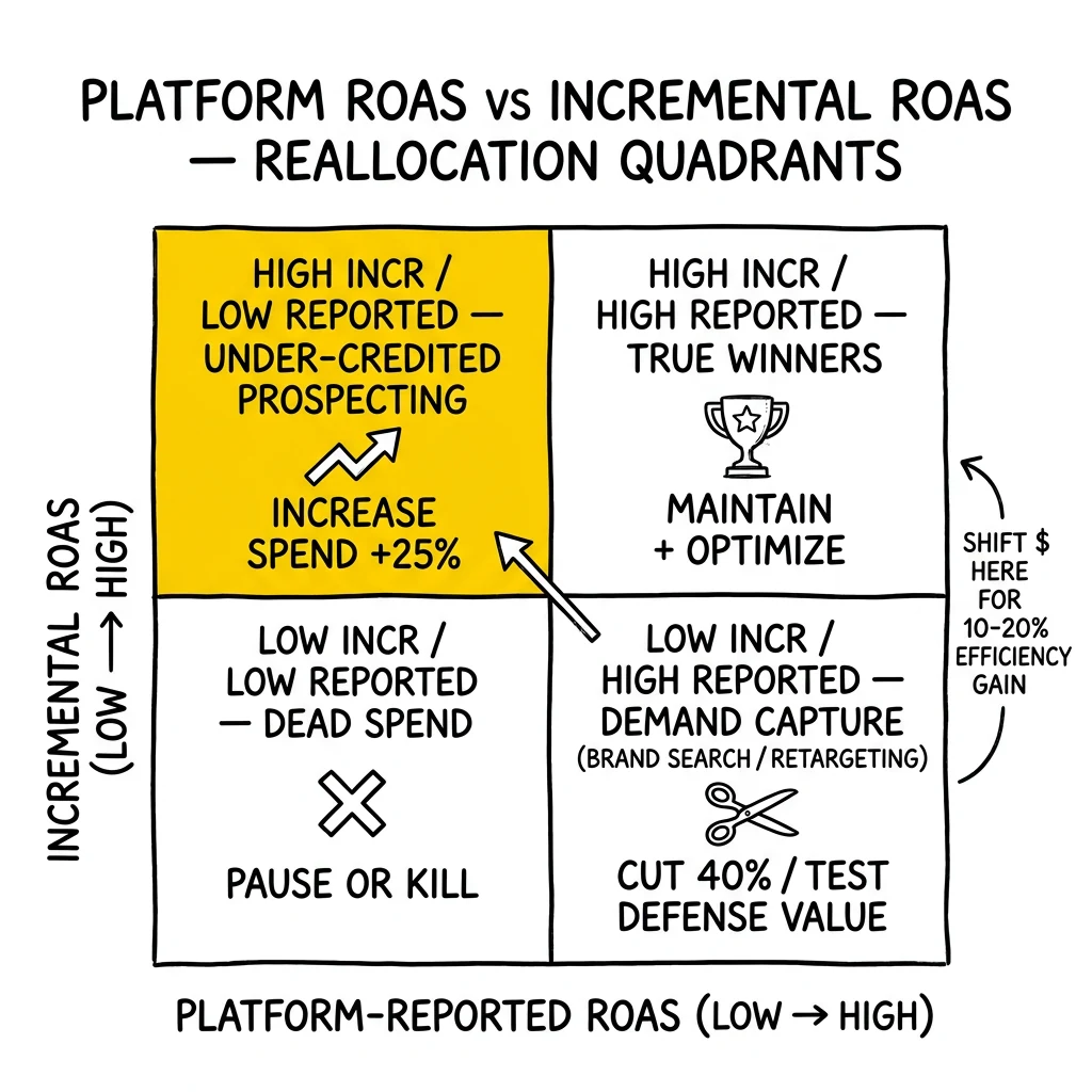 Two-by-two matrix of platform-reported vs incremental ROAS with four reallocation verdicts. Under-credited prospecting quadrant highlighted as the reallocation upside.