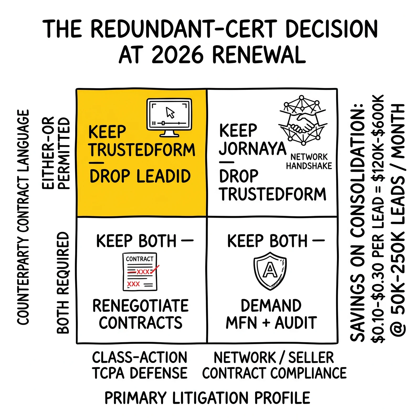Two-by-two matrix mapping the dual-cert decision by contract flexibility and litigation profile, highlighting the keep-TrustedForm path as the immediate savings lane.