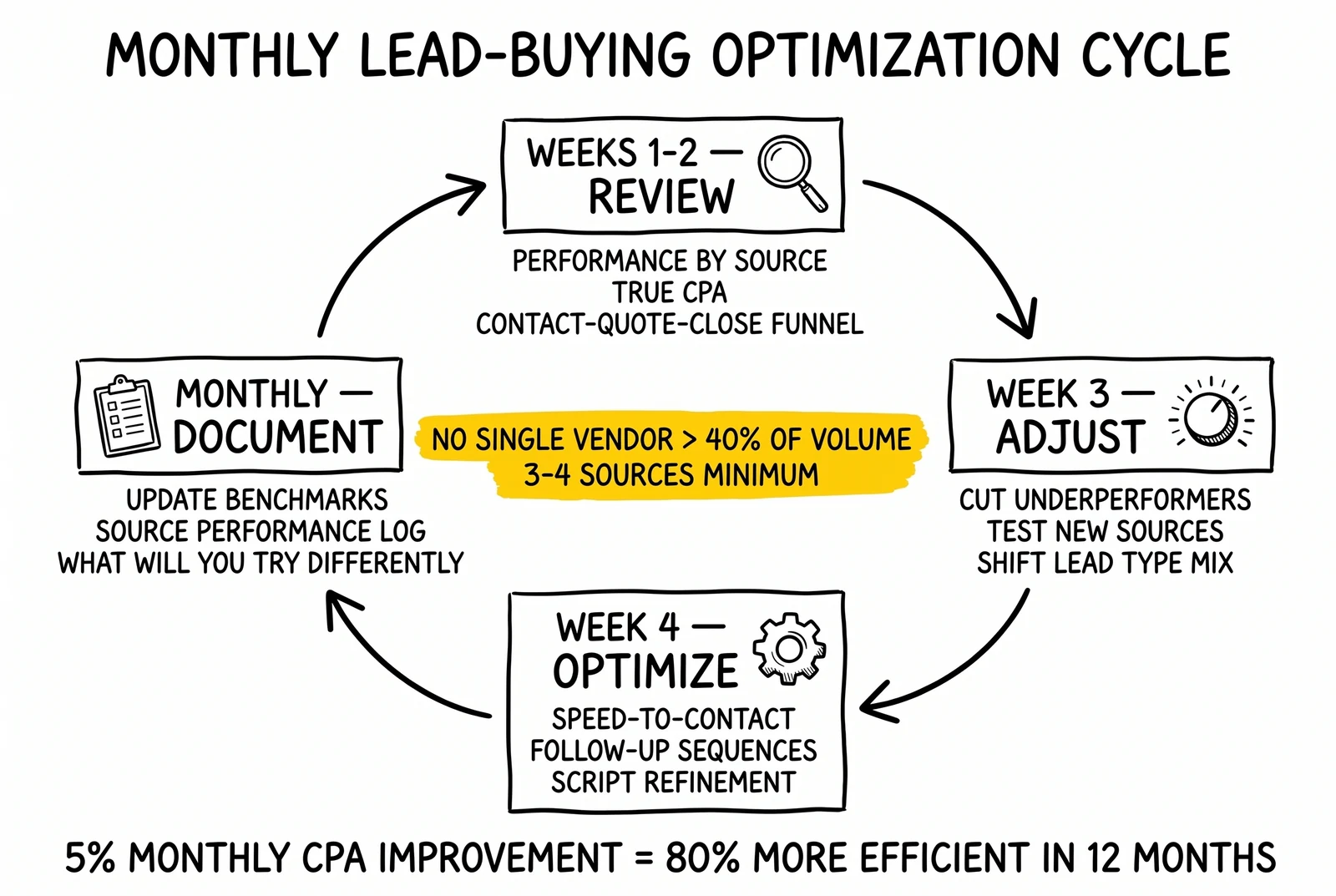 Monthly insurance lead buying optimization cycle: review, adjust, optimize, document, with diversification rule capping any single vendor at 40% of volume