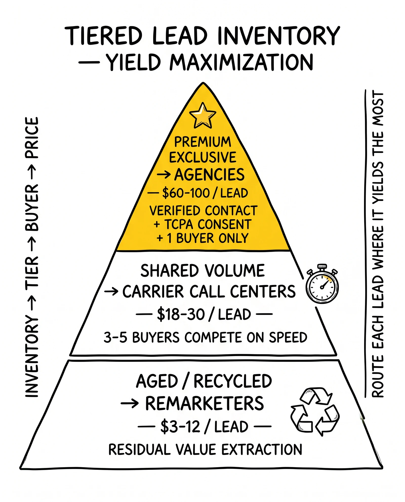 Three-tier inventory pyramid: premium exclusive to agencies $60-100, shared volume to carriers $18-30, aged to remarketers $3-12. Premium agency tier highlighted as the margin-concentration layer.