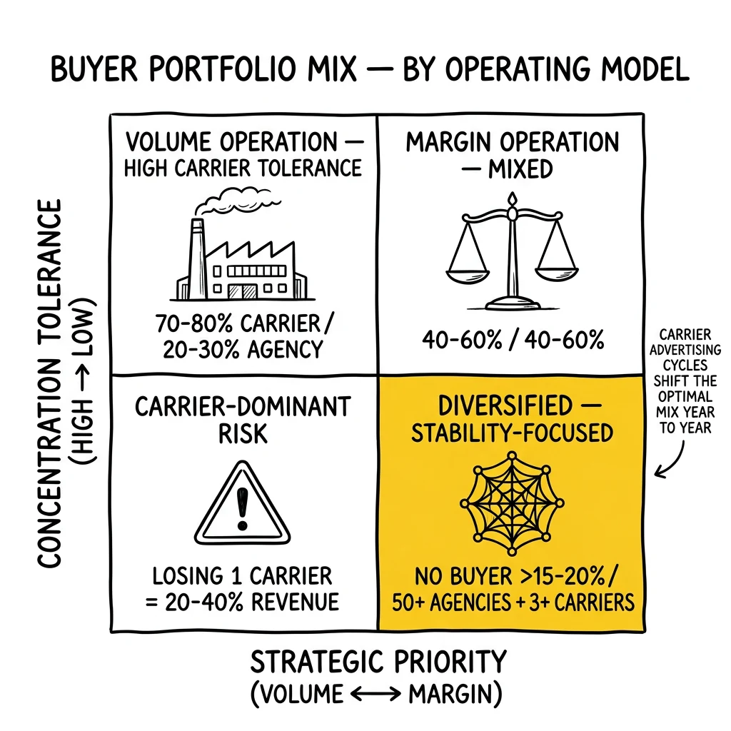Two-by-two portfolio matrix by strategic priority and concentration tolerance. Diversified stability-focused quadrant highlighted as the carrier-cycle survival configuration.