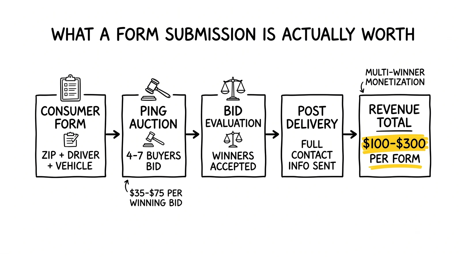 Five-step ping/post auction flow turning one insurance form submission into $100-$300 of multi-buyer revenue.
