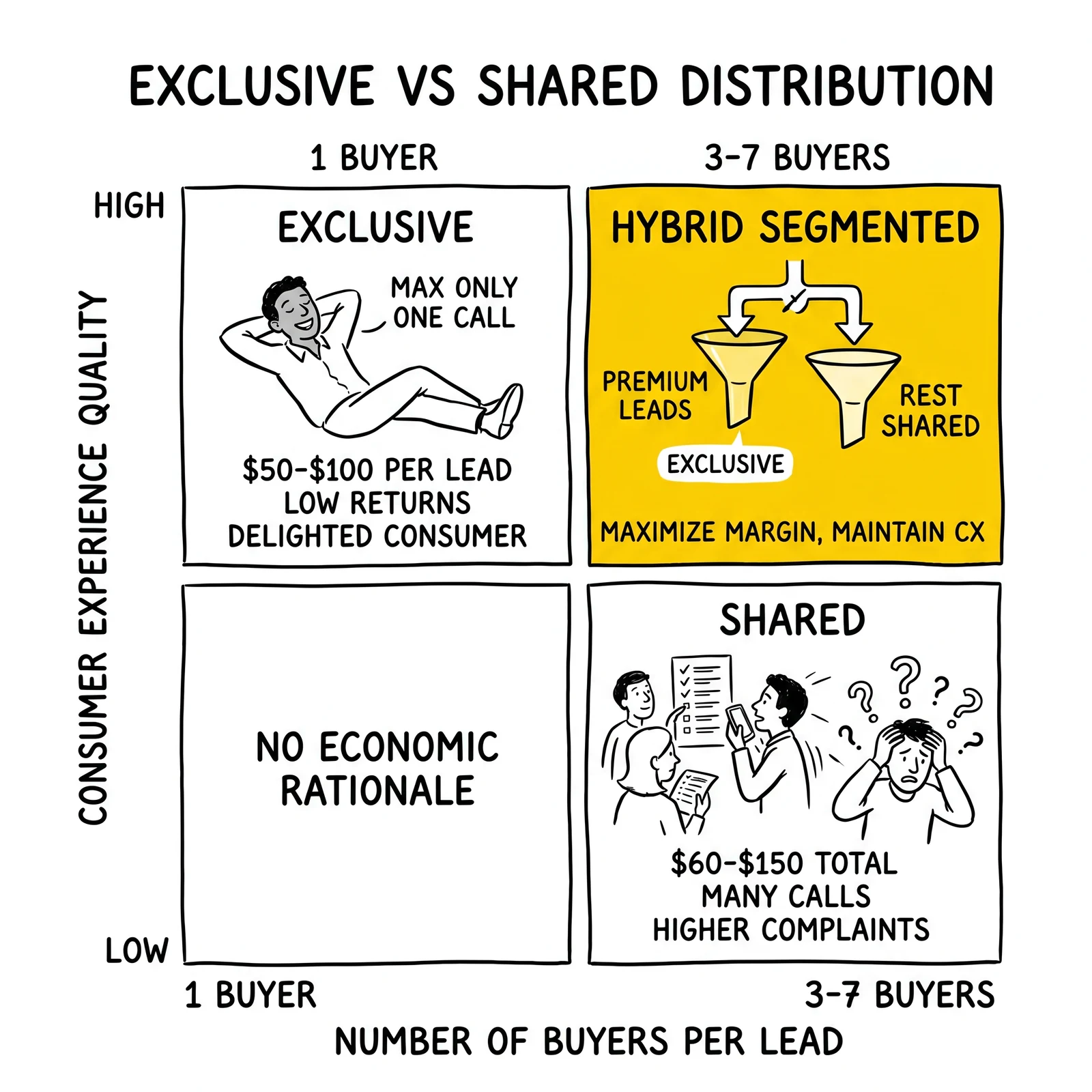 Two-by-two distribution matrix mapping exclusive, shared, and hybrid models against buyer count and consumer experience. Hybrid segmented quadrant highlighted.