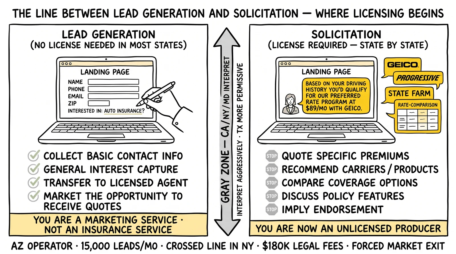 Side-by-side comparison: lead generation form versus solicitation script with quote language and carrier logos highlighted as the elements that cross the licensing line.