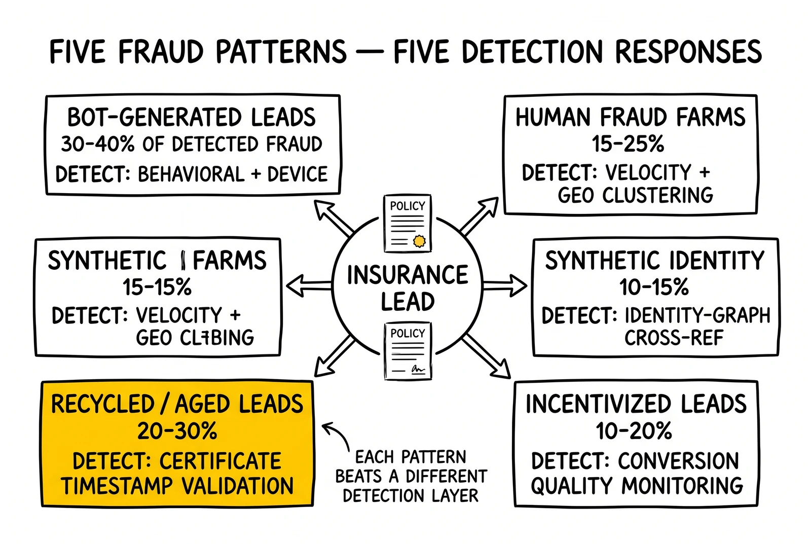 Five-pattern hub around insurance lead: bots, fraud farms, synthetic ID, recycled aged, incentivized. Recycled-aged category highlighted as 20-30% share.